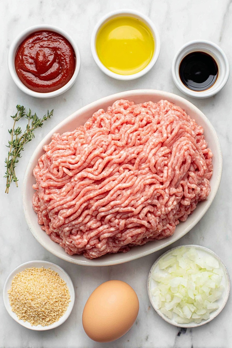 Flat lay of raw ground turkey in a simple white ceramic bowl, a small white bowl filled with bright red ketchup, a small white bowl with dark Worcestershire sauce, a few sprigs of fresh marjoram, one large whole brown egg with a clean shell, a small white bowl containing golden olive oil, half a small onion finely minced arranged neatly on a white ceramic plate, and a small white bowl of light brown seasoned whole wheat breadcrumbs, perfectly arranged in balanced symmetry, placed on a clean white marble surface, soft natural light, photo taken with an iPhone, professional food photography style, fresh ingredients, white ceramic bowls, no bottles, no duplicates, no utensils, no packaging --ar 2:3 --v 7 --p m7354615311229779997 - Healthy Turkey Meatloaf, healthy turkey meatloaf recipe, low-fat turkey meatloaf, wholesome turkey meatloaf dinner, family-friendly turkey meatloaf
