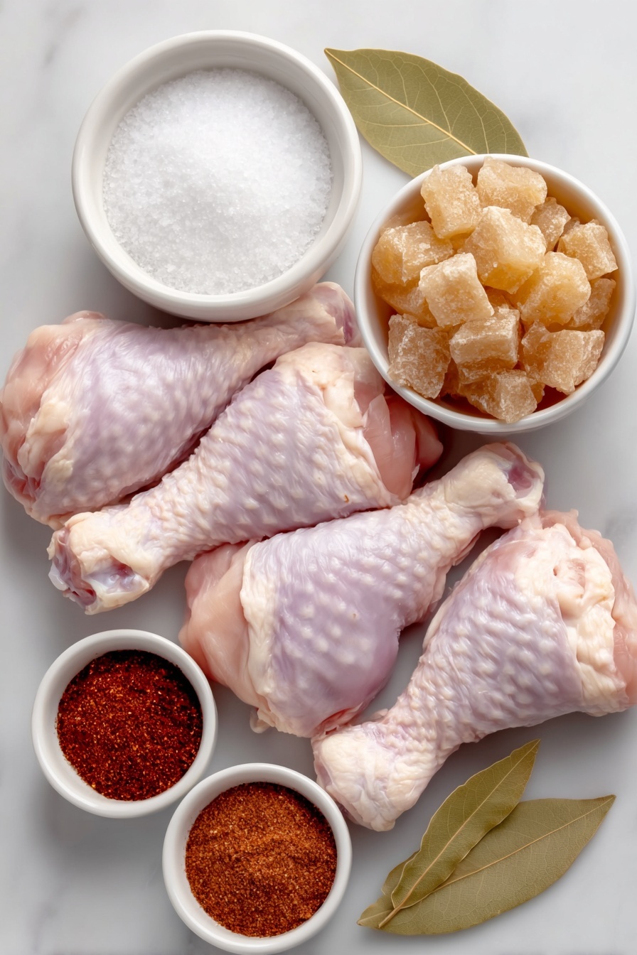 Flat lay of ten whole raw turkey legs with smooth clean skin, a fresh whole bay leaf, a small white ceramic bowl of coarse kosher salt, a small white bowl filled with golden brown sugar crystals, another small white bowl of light brown soft packed brown sugar, a small white bowl with bright red chili powder, a small white bowl with reddish paprika powder, a small white bowl containing a reddish-brown Montreal seasoning blend, and a small white bowl of pale onion salt, all arranged symmetrically and balanced on a clean white marble surface, soft natural light, photo taken with an iPhone, professional food photography style, fresh ingredients, white ceramic bowls, no bottles, no duplicates, no utensils, no packaging --ar 2:3 --v 7 --p m7354615311229779997 - Juicy Roasted Turkey Legs, roasted turkey leg recipe, flavorful turkey legs, hearty turkey dinner, easy turkey leg recipe