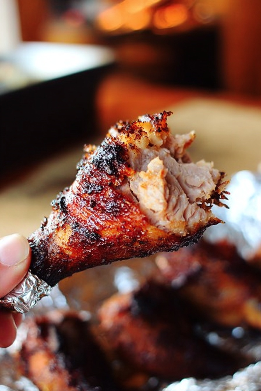 The image shows three cooked chicken drumsticks on a dark metal tray. Each drumstick is grilled, with a reddish-brown color and black grill marks, covered with spices. The ends of the drumsticks are wrapped in shiny silver foil. The tray sits on a white marbled surface with a slightly blurred background that hints at a home kitchen. The focus is on the front-most drumstick. photo taken with an iphone --ar 2:3 --v 7 - Juicy Roasted Turkey Legs, roasted turkey leg recipe, flavorful turkey legs, hearty turkey dinner, easy turkey leg recipe