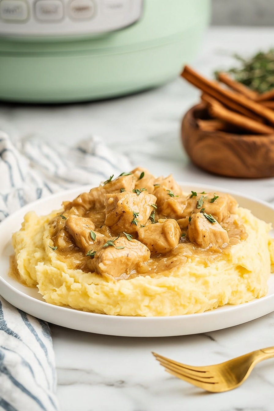 The dish shows two white plates on a white marbled surface, each filled with soft, yellow mashed potatoes forming the base layer, topped with a creamy, light tan chicken and gravy mixture with small pieces of chicken visible and small green herb sprigs scattered on top. A gold spoon rests on one plate, and around the plates are small wooden bowls containing different colored peppercorns and pink salt. A white slow cooker with the same chicken and gravy mix is partially visible in the upper right corner. The scene includes two gold forks on the left side of the image and a white cloth with blue stripes in the top left corner. photo taken with an iphone --ar 2:3 --v 7 - Slow Cooker Turkey and Gravy, easy turkey dinner, effortless holiday turkey, tender slow cooker turkey, homemade gravy recipe