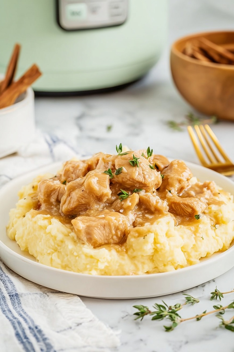 The dish is served on a white plate with two main layers: the bottom layer is a thick, creamy mashed potato with a smooth and slightly fluffy texture in pale yellow color, spread evenly across the plate; the top layer consists of chunky pieces of cooked chicken coated in a light brown, glossy gravy, scattered generously over the mashed potatoes. Small green herb leaves are sprinkled over the chicken for decoration. The scene includes a white marbled surface with a soft white and blue striped cloth on the left and a gold fork on the right. In the background, a pale green kitchen appliance and a wooden bowl with cinnamon sticks are visible, slightly blurred for depth. Photo taken with an iphone --ar 2:3 --v 7 - Slow Cooker Turkey and Gravy, easy turkey dinner, effortless holiday turkey, tender slow cooker turkey, homemade gravy recipe