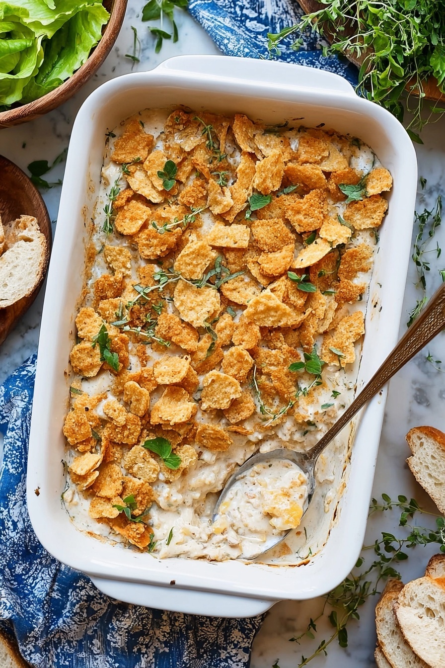 The image shows a white rectangular baking dish filled with a creamy, light beige casserole. The casserole has a thick layer of broken up golden-brown crackers scattered on top, with small green herb leaves sprinkled over them. The creamy base underneath looks smooth with some small pieces mixed in, likely vegetables or chicken, and a spoon rests inside the dish with a scoop taken out from one corner. The dish sits on a white marbled surface with a blue and white cloth underneath the left side. Surrounding the dish are fresh green lettuce leaves in a bowl on the top left, fresh herbs nearby, and torn white bread on the top right corner. photo taken with an iphone --ar 2:3 --v 7 - Leftover Turkey Rice Casserole, leftover turkey recipes, easy comfort food, holiday leftovers casserole, cheesy turkey rice bake