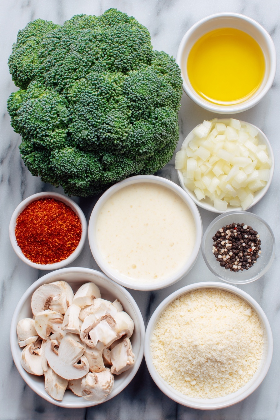 Flat lay of cooked, diced turkey pieces, fluffy cooked white rice grains, a small white ceramic bowl of creamy condensed mushroom soup, a small white ceramic bowl filled with clear chicken broth, a small white ceramic bowl of thick mayonnaise, a small white ceramic bowl of smooth sour cream, a small white ceramic bowl containing finely diced white onion, a small white ceramic bowl with finely diced celery stalks, a small white ceramic bowl of pale slivered almonds, two whole uncracked brown eggs, a small white ceramic bowl of coarsely crushed golden Ritz crackers, a small white ceramic bowl with melted yellow butter, a few sprigs of fresh green parsley, salt and black peppercorns scattered lightly for seasoning, all arranged symmetrically with balanced proportions on a clean white marble surface, soft natural light, photo taken with an iPhone, professional food photography style, fresh ingredients, white ceramic bowls, no bottles, no duplicates, no utensils, no packaging --ar 2:3 --v 7 --p m7354615311229779997 - Healthy Broccoli Mushroom Casserole, nutritious vegetable casserole, easy healthy casserole, low-fat mushroom broccoli bake, wholesome veggie casserole