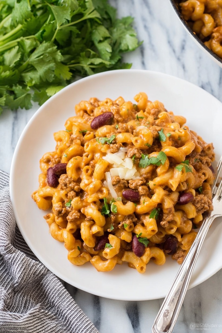The dish shows a single layer of cooked elbow macaroni mixed with a creamy orange sauce, ground meat, and dark red kidney beans, all placed on a round white plate. The macaroni and sauce mix looks thick and slightly glossy, with small bits of green herbs sprinkled on top, adding a touch of color. A small amount of melted white cheese sits near the center, blending with the sauce. The plate rests on a white marbled surface with a silver fork beside it on the right, and in the background, there is a bunch of fresh green leafy herbs and a gray and white striped cloth. Photo taken with an iphone --ar 2:3 --v 7 - Turkey Chili Mac and Cheese, hearty turkey pasta casserole, spicy comfort food, one-pot turkey chili mac, easy weeknight dinner