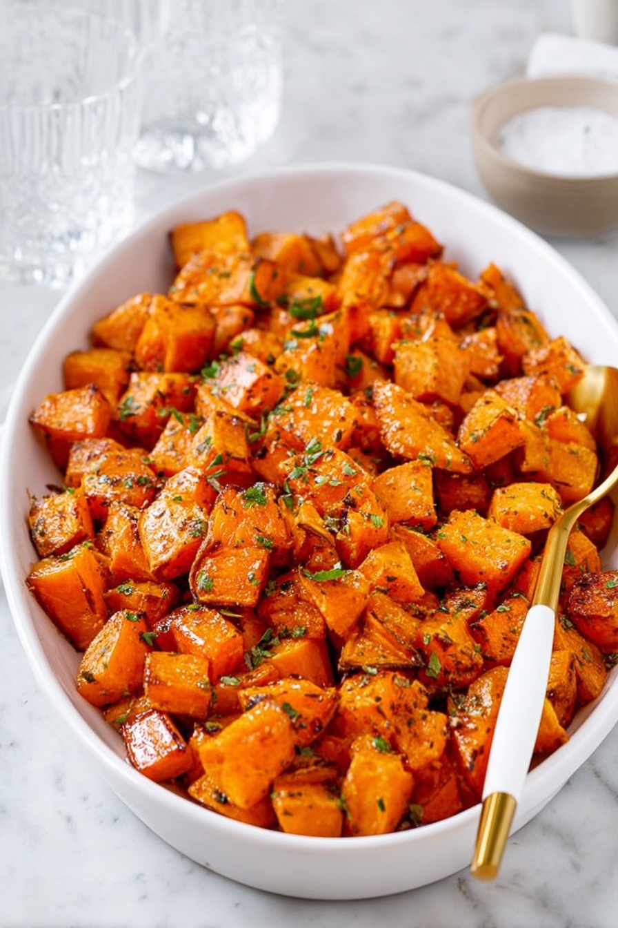 This image shows a white oval dish filled with roasted sweet potato cubes that are golden orange with some edges slightly browned, giving a crispy look. The cubes are sprinkled with small bits of green herb which add a fresh contrast to the orange. Inside the dish, on the right side, there is a golden spoon with a white handle resting among the sweet potatoes. The background is a white marbled surface with a clear glass and a small white bowl partially visible behind the main dish. The light is soft, highlighting the texture and color of the sweet potatoes clearly. photo taken with an iphone --ar 2:3 --v 7 - Maple Roasted Sweet Potatoes, roasted sweet potato side dish, sweet potato recipe with maple syrup, fall holiday sweet potatoes, easy roasted sweet potatoes
