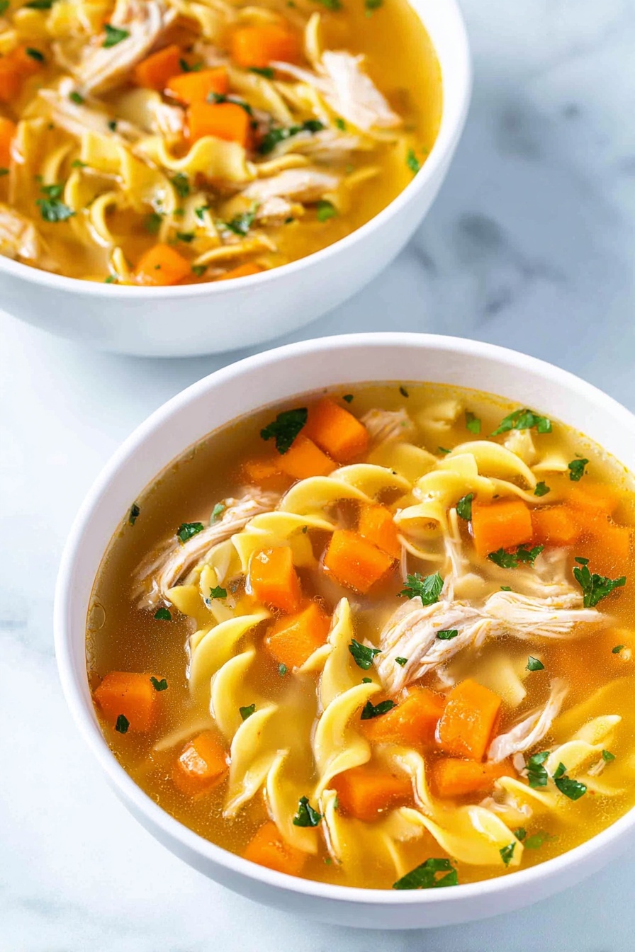 Two white bowls sit on a white marbled surface, each filled with a clear golden broth soup. Inside the soup are three main layers: bright orange carrot cubes scattered throughout, shredded pale pink chicken pieces, and yellow twisted egg noodles floating, mixed with small chopped green herbs and translucent onion bits. The colors mix well, creating a warm and fresh look. photo taken with an iphone --ar 2:3 --v 7 - Homemade Chicken Noodle Soup, comforting chicken soup recipe, easy homemade chicken noodle soup, healthy chicken noodle soup, quick chicken noodle soup