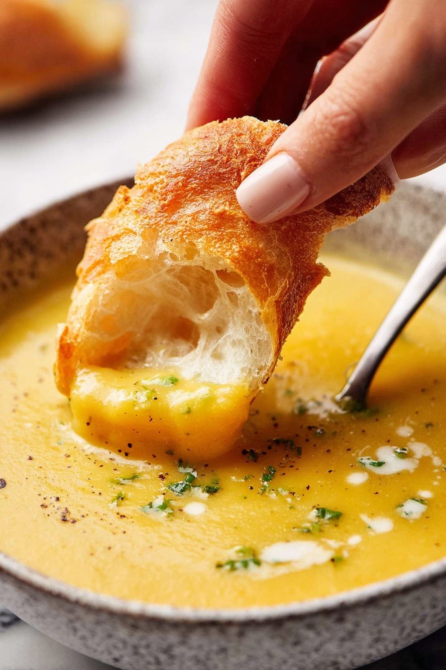 A close-up view shows a woman's hand dipping a torn piece of soft, crusty bread with a light golden-brown outer layer and a fluffy white inside into a creamy, smooth yellow soup with tiny green herb bits and a slight sprinkle of black pepper on top, all inside a speckled bowl sitting on a white marbled surface, with a silver spoon resting inside the bowl photo taken with an iphone --ar 2:3 --v 7 - Creamy Root Vegetable Soup, root vegetable soup, vegetarian creamy soup, easy healthy soup, comforting vegetable soup