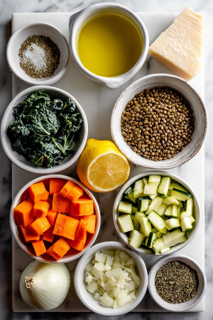 Flat lay of fresh whole uncracked brown eggs, a small white bowl of golden olive oil, a small white bowl of minced raw garlic cloves, fresh diced bright orange carrots, fresh diced pale yellow onions, a small white bowl of dried brown lentils, fresh diced green zucchini, a small white bowl of fresh lemon juice, fresh dark green packed chopped kale leaves, whole Parmesan cheese wedge with a small white dish of grated Parmesan, a small white bowl of mixed dried Italian herbs including basil, oregano, and thyme, all arranged with perfect symmetry on a clean white ceramic plate and bowls, placed on a clean white marble surface, soft natural light, photo taken with an iPhone, professional food photography style, fresh ingredients, white ceramic bowls, no bottles, no duplicates, no utensils, no packaging --ar 2:3 --v 7 --p m7354615311229779997 - Italian Lentil Vegetable Soup, healthy lentil soup, hearty vegetable soup, Italian soup recipes, vegan lentil soup