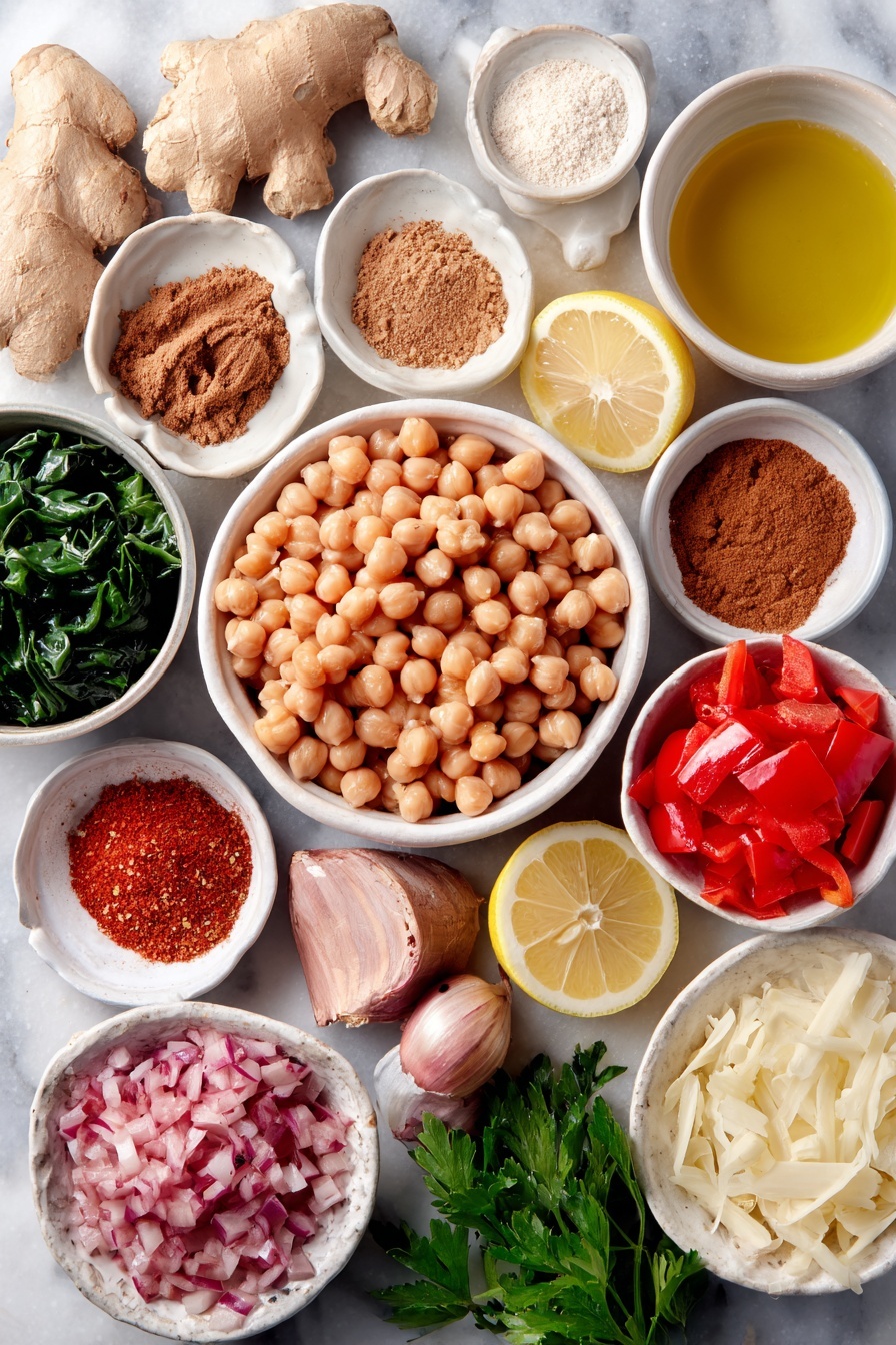 Flat lay of dried chickpeas in a small pile, a few cloves of whole fresh garlic, a piece of peeled ginger root finely shredded and laid out, one medium diced onion, two small sliced carrots, one medium diced red bell pepper, a small white bowl of ground cinnamon powder, a small white bowl of ground cumin powder, a small white bowl of smoked paprika powder, a small white bowl of ground turmeric, a small white bowl of red chili flakes, a small white bowl of olive oil, a small white bowl filled with vegetable broth, a small white bowl of water, a small white bowl of diced fresh tomatoes with liquid, one whole lemon cut in half, a small pile of tightly packed chopped dark leafy greens, a small white bowl of plain plant-based milk, a small white bowl of all-purpose flour, a small white bowl of creamy tahini, a small bunch of fresh chopped parsley placed neatly, all arranged symmetrically in perfect proportions on simple white ceramic bowls and plates, placed on a clean white marble surface, soft natural light, photo taken with an iPhone, professional food photography style, fresh ingredients, white ceramic bowls, no bottles, no duplicates, no utensils, no packaging --ar 2:3 --v 7 --p m7354615311229779997 - Creamy Chickpea Stew with Spices, hearty vegan chickpea stew, flavorful chickpea and spice dinner, nourishing chickpea stew recipe, comforting spicy chickpea dish