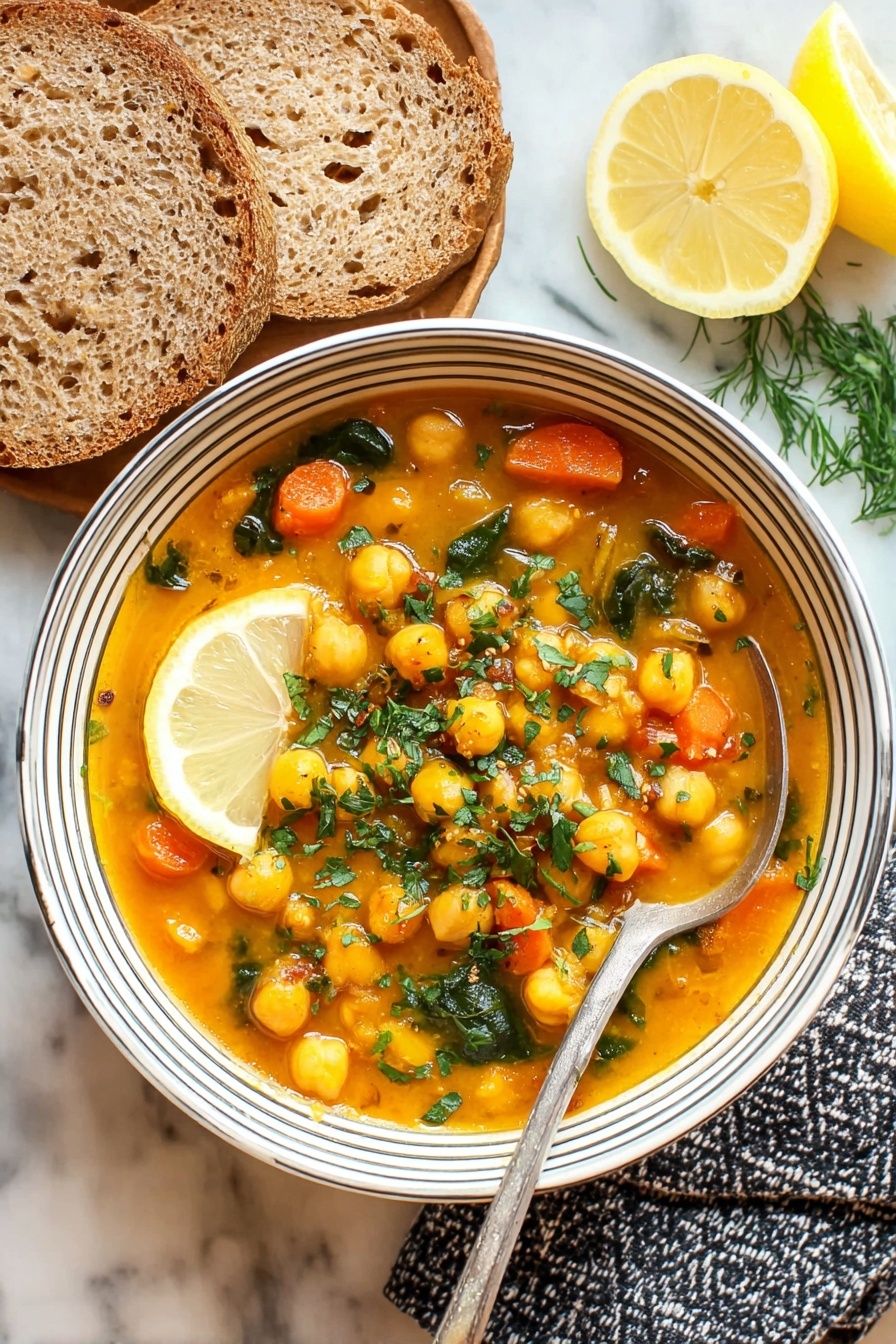 A white bowl filled with a thick chickpea stew showing orange-yellow broth with chunks of orange carrot slices and deep green leaves, all sprinkled with chopped green herbs on top. A bright yellow lemon half sits on the edge inside the bowl. A silver spoon rests inside the bowl, leaning on the side. Next to the bowl are two slices of brown bread with visible grains, placed on a dark blue cloth with white cross patterns. A lemon half and some green parsley are placed behind the bowl on a white marbled surface photo taken with an iphone --ar 2:3 --v 7 - Creamy Chickpea Stew with Spices, hearty vegan chickpea stew, flavorful chickpea and spice dinner, nourishing chickpea stew recipe, comforting spicy chickpea dish