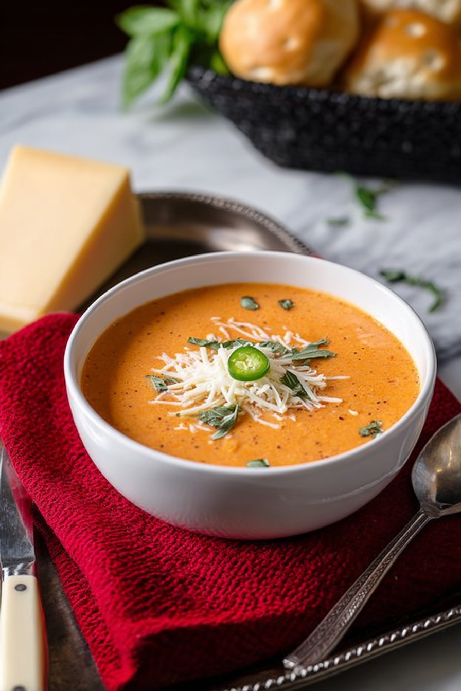 The image shows a large orange pot filled with creamy orange soup with small green bits floating on the surface. A wooden spoon rests inside the pot, with its handle leaning on the pot's edge. Next to the pot, fresh green basil leaves are placed on a white marbled surface. The rim of the pot and some soup splashes reveal the creamy texture. photo taken with an iphone --ar 2:3 --v 7 - Creamy Tomato Basil Soup, Tomato Basil Soup, Homemade Tomato Soup, Velvety Tomato Basil, Easy Tomato Soup Recipe