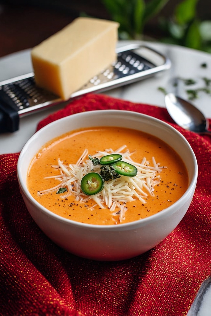 The image shows a white bowl filled with orange cream soup, topped with white shredded cheese and thin green slices of jalapeño pepper with some torn green herb leaves in the center. The bowl sits on a textured red cloth over a white marbled surface. To the left, there is a black-handled grater leaning on the cloth next to a wedge of light yellow cheese. In the background, the setting is a bit dark with some green leaves barely visible. photo taken with an iphone --ar 2:3 --v 7 - Creamy Tomato Basil Soup, Tomato Basil Soup, Homemade Tomato Soup, Velvety Tomato Basil, Easy Tomato Soup Recipe
