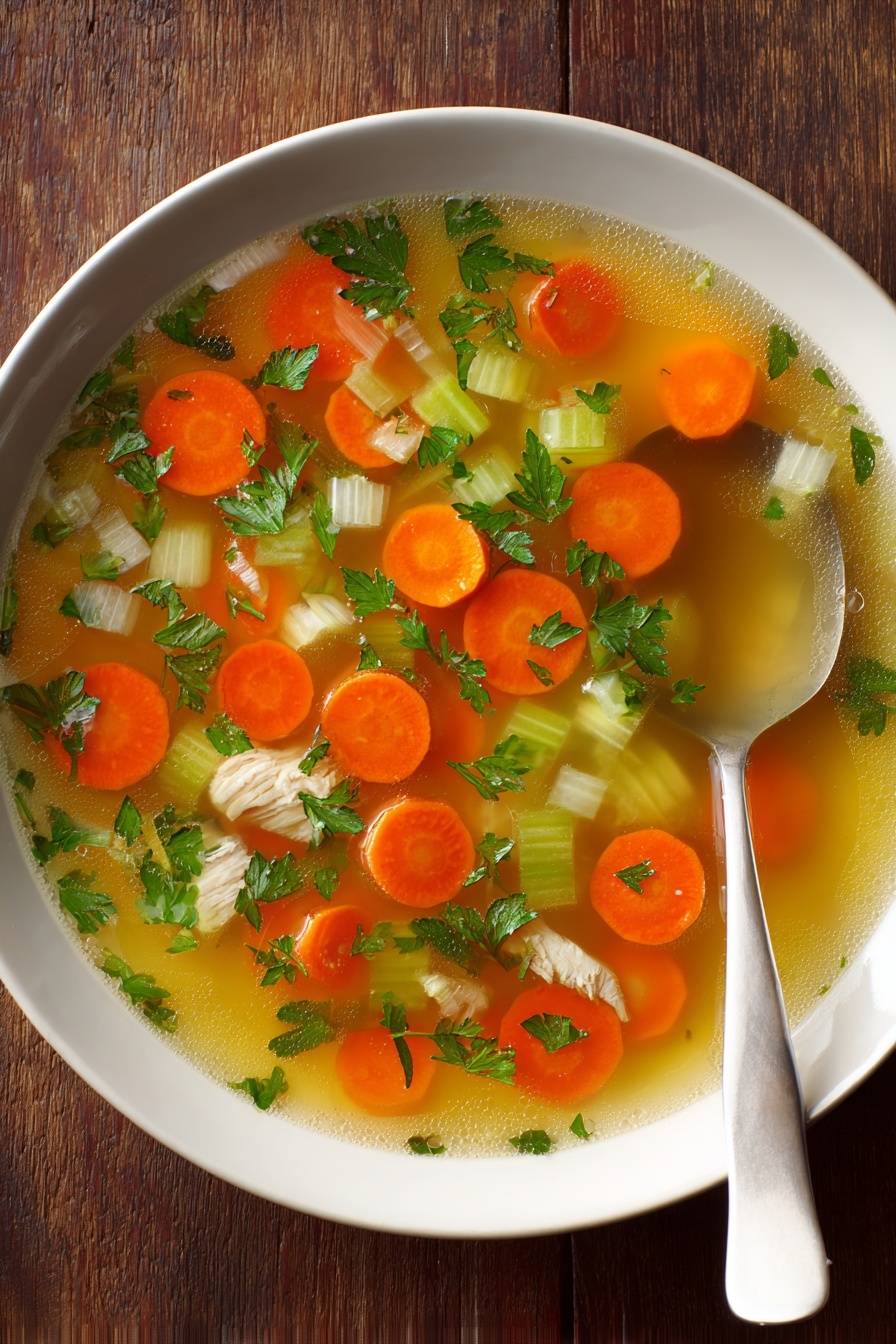The image shows a top view of a white bowl filled with clear vegetable soup. The soup contains visible layers including bright orange carrot slices near the center, light green celery pieces, small white onion chunks, and bits of fresh green herbs scattered throughout. The broth is light yellow with some small bubbles and a slightly oily surface that reflects light. The bowl rests on a white marbled surface with the edge of a woman's hand holding the bowl visible at the bottom left. Photo taken with an iphone --ar 2:3 --v 7 - Mom's Cold-Season Chicken Soup, winter chicken soup, comforting chicken broth, homemade chicken soup recipe, cozy chicken soup ideas