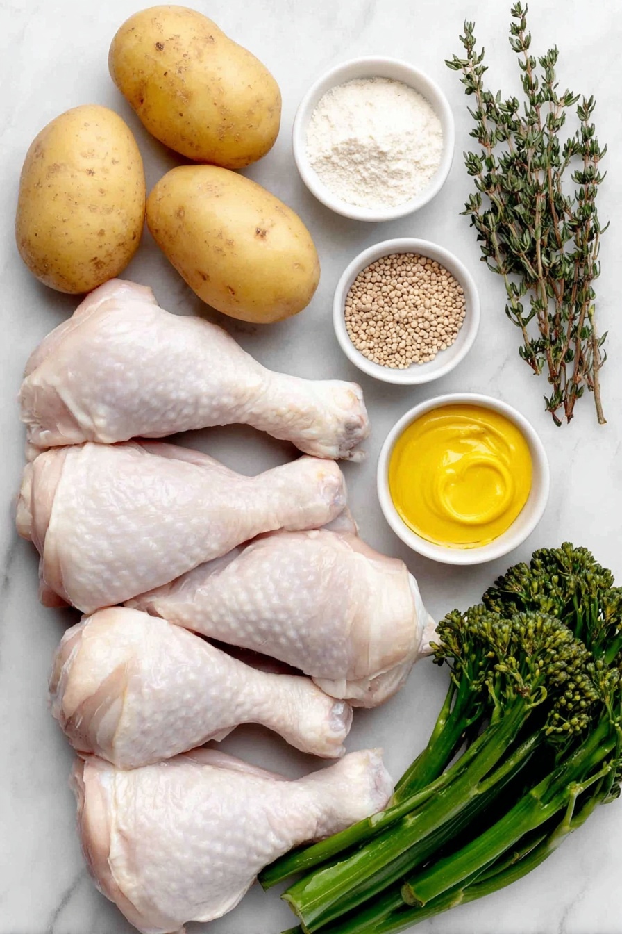 Flat lay of fresh whole raw chicken drumsticks with skin, a small pile of smooth golden potatoes, a small white bowl of vibrant golden honey, a small white bowl of bright yellow Dijon mustard, a small white bowl of coarse wholegrain mustard seeds in mustard, a single peeled garlic clove, a small white bowl of clear olive oil, a small white bowl of light beige cornflour powder, fresh green thyme sprigs scattered and a few crisp dark green broccolini stalks, all arranged symmetrically and realistically proportioned in simple white ceramic bowls and dishes, placed on a clean white marble surface, soft natural light, photo taken with an iPhone, professional food photography style, fresh ingredients, white ceramic bowls, no bottles, no duplicates, no utensils, no packaging --ar 2:3 --v 7 --p m7354615311229779997 - Honey Mustard Baked Chicken Drumsticks, baked chicken drumsticks with honey mustard, easy honey mustard chicken, flavorful baked chicken recipes, juicy baked chicken thighs
