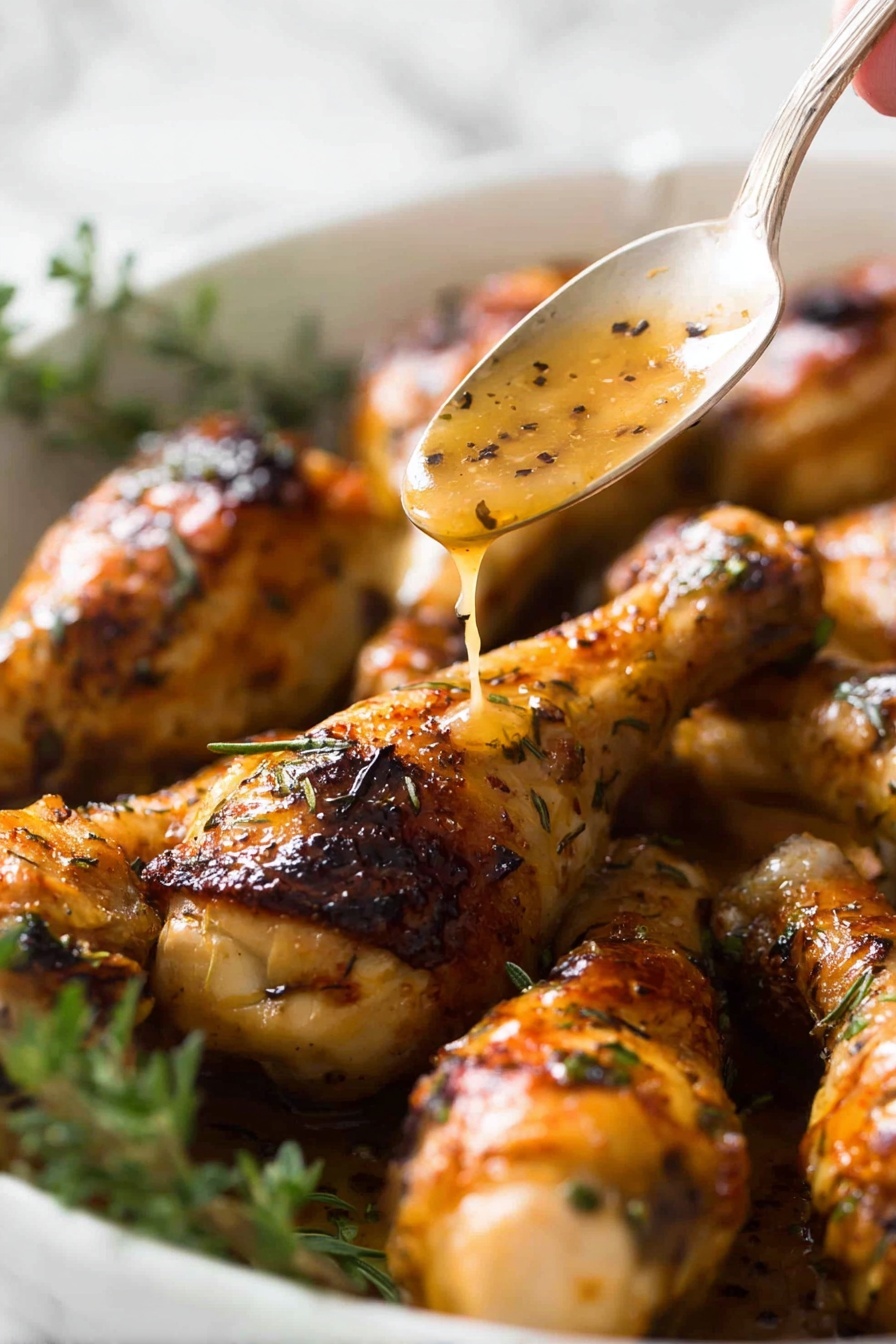 A baking tray is shown filled with cooked food divided into two sides by foil; the left side has seven browned chicken drumsticks with herbs sprinkled on them, resting in a light golden sauce with some dark browned spots, and a silver spoon lies at the bottom left corner; the right side holds four golden-brown roasted potato slices with grill marks, along with several bright green broccolini stalks scattered around on a white marbled surface visible beneath the tray photo taken with an iphone --ar 2:3 --v 7 - Honey Mustard Baked Chicken Drumsticks, baked chicken drumsticks with honey mustard, easy honey mustard chicken, flavorful baked chicken recipes, juicy baked chicken thighs