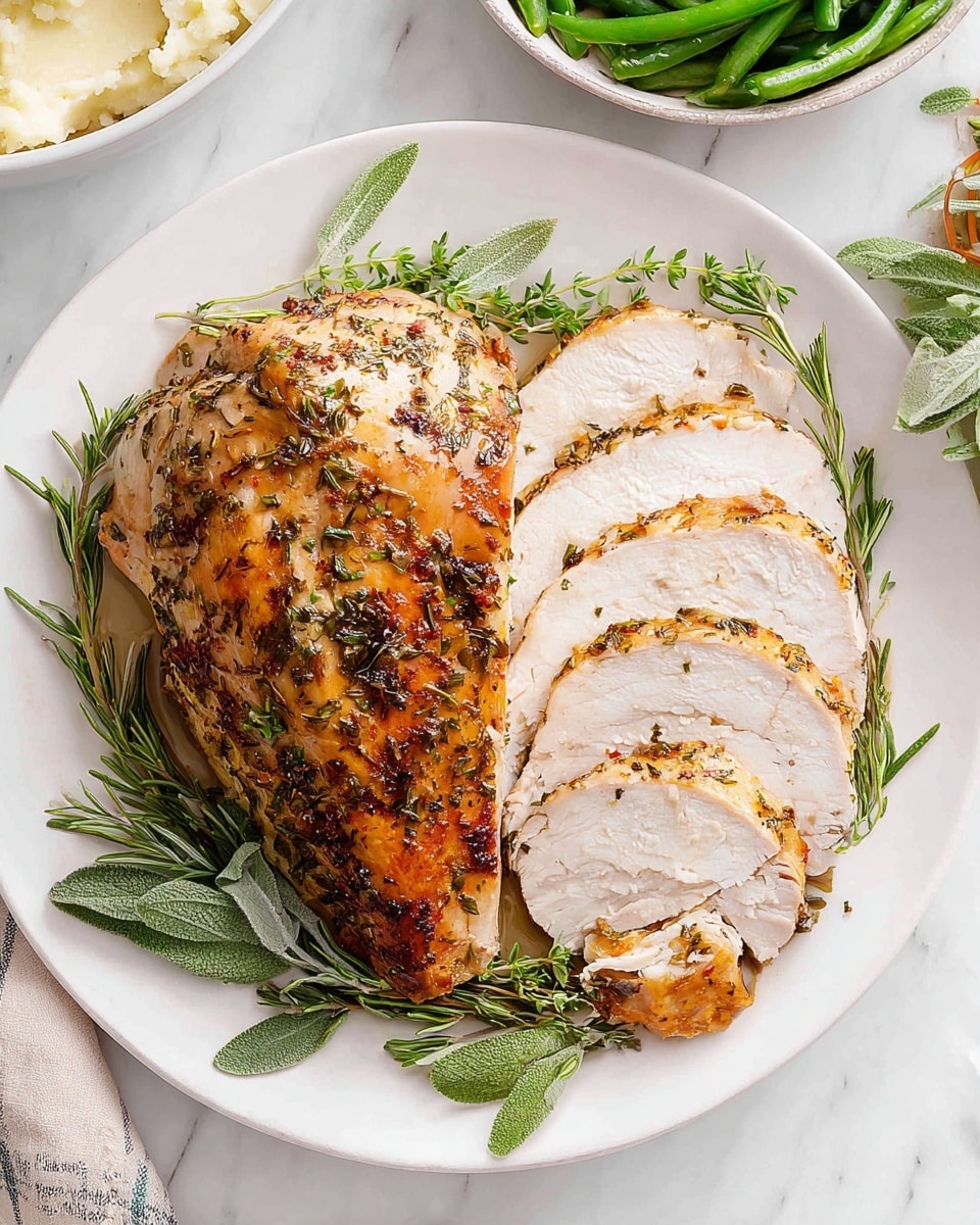 A white plate holds a cooked chicken breast seasoned with herbs, showing a golden-brown, slightly shiny surface with bits of green herbs scattered on top. To the left side of the plate, several slices of white chicken meat with a light brown edge are arranged in a neat stack, showing the soft texture inside. Around the chicken pieces, fresh green rosemary sprigs and leafy herbs are placed for decoration. The dish is set on a white marbled surface. photo taken with an iphone --ar 4:5 --v 7