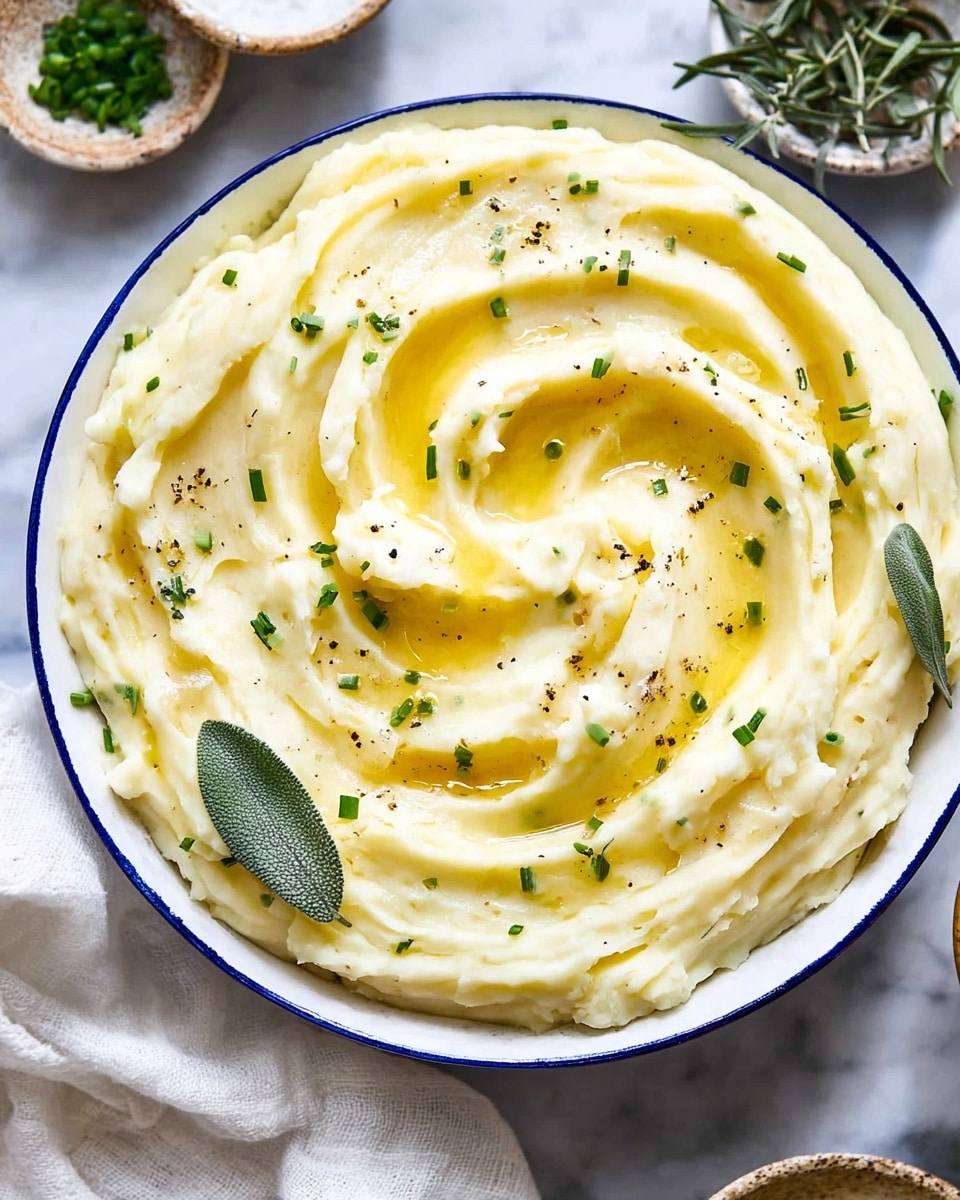 A close-up view of a bowl filled with smooth, creamy mashed potatoes swirled into soft peaks with a glossy layer of melted butter pooling in the center and slight specks of black pepper scattered on top. Small green pieces of chives and a few sage leaves are sprinkled over the top, adding color contrast to the pale yellow potato. The bowl is white with a blue rim and sits on a white marbled surface, accompanied by a white cloth and small dishes of herbs in the background. The texture of the mashed potatoes looks light and fluffy with a gentle swirl pattern. Photo taken with an iphone --ar 4:5 --v 7
