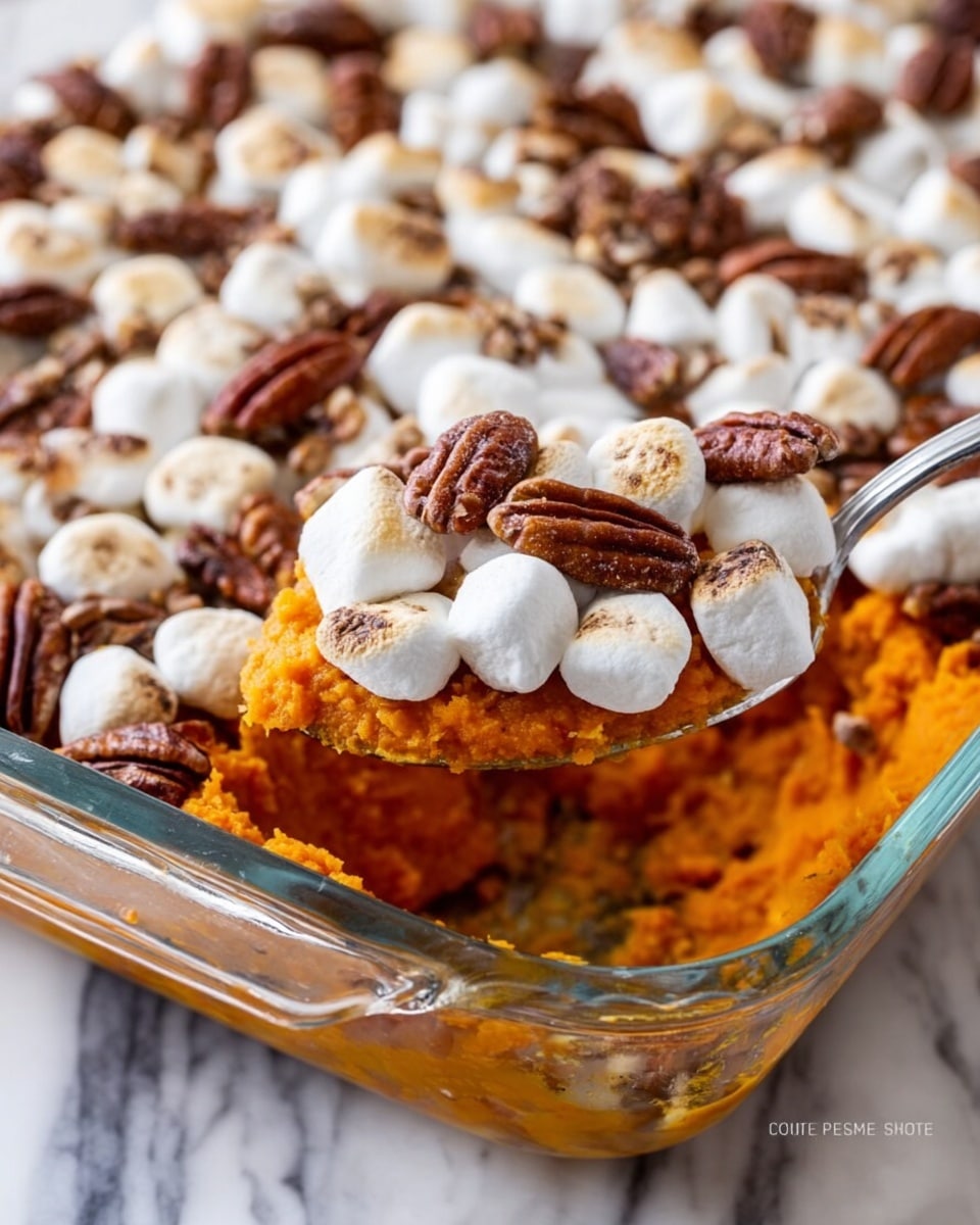 This image shows a glass baking dish filled with a layered sweet potato casserole. The base layer is mashed sweet potatoes, smooth and orange in color. On top, there is a layer of lightly browned toasted mini marshmallows, fluffy and white with golden tips. Scattered evenly between the marshmallows are whole pecans, dark brown and textured. A silver spoon is scooping out some of the casserole, revealing the soft mashed sweet potatoes underneath. The dish is placed on a white marbled surface. photo taken with an iphone --ar 4:5 --v 7