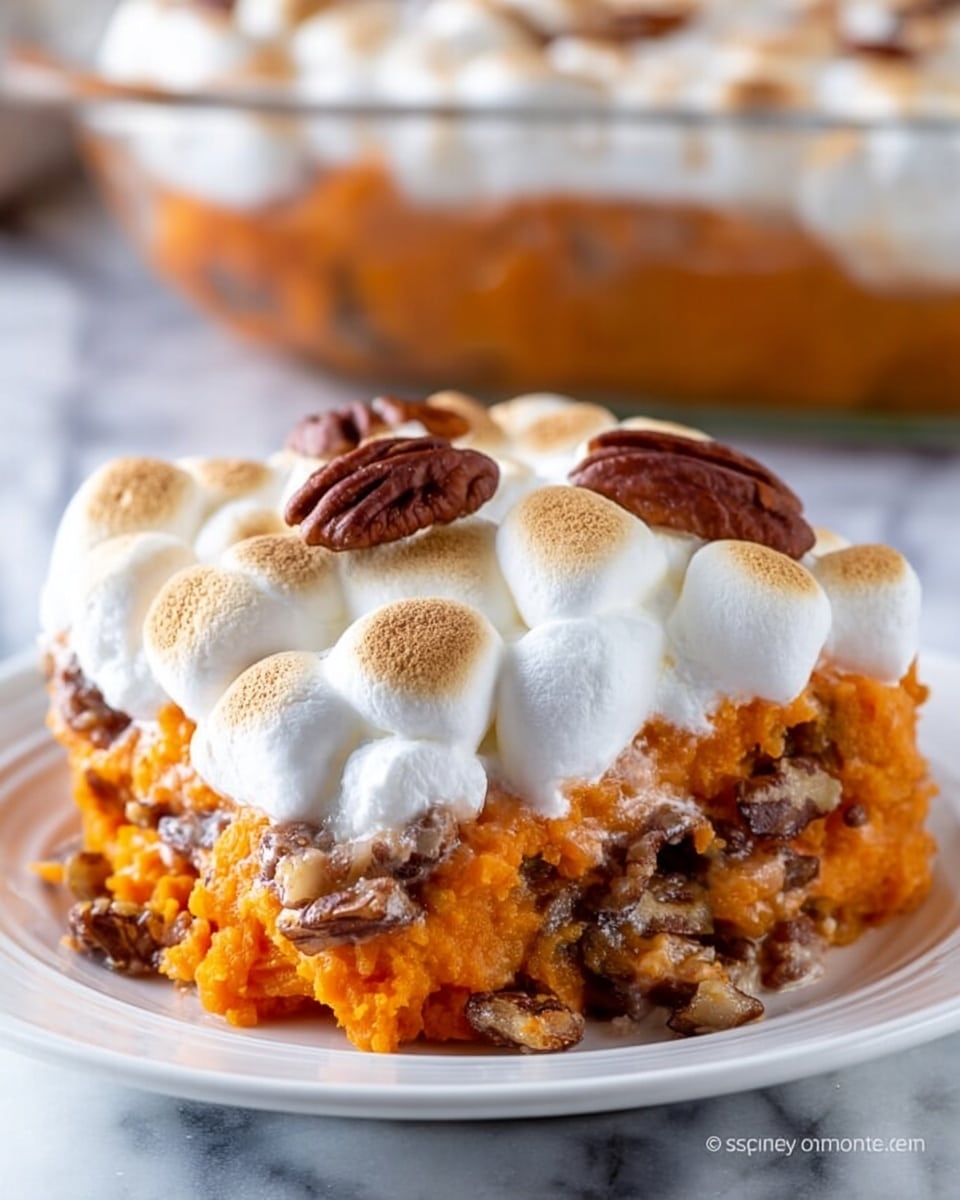 The dish shows a white plate holding a layered sweet potato mash with visible chunks of pecans mixed in the orange base layer. On top, there is a generous layer of white mini marshmallows that are lightly toasted to a golden-brown color. A few whole pecans are scattered on top of the marshmallows, adding texture and contrast. The plate sits on a white marbled surface with a blurred glass bowl in the background filled with more of the sweet potato mixture. photo taken with an iphone --ar 4:5 --v 7