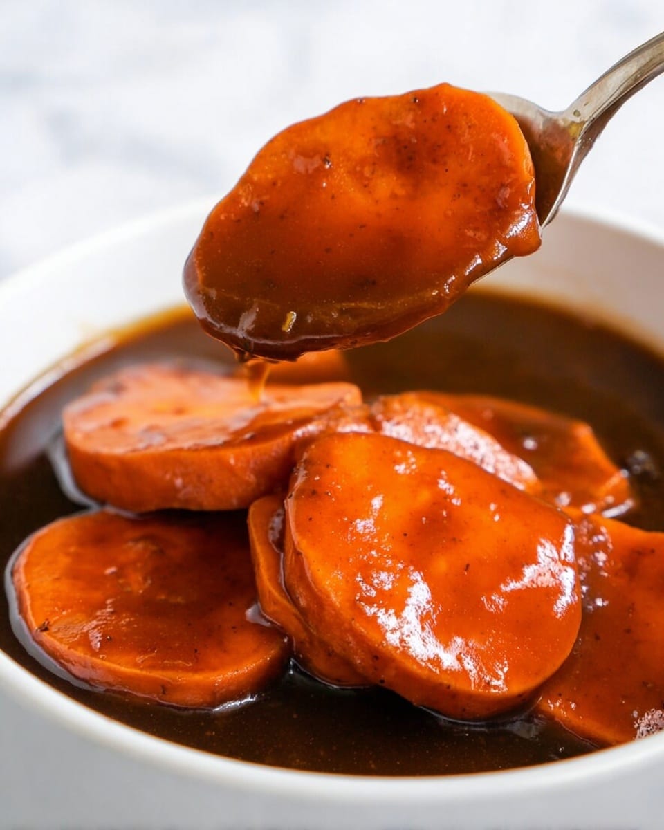 The image shows a close-up of two thick, soft slices of orange sweet potatoes covered in a shiny, thick brown sauce held by a spoon that is above a white bowl filled with more sweet potato slices and sauce. The sauce has a smooth, glossy texture with a dark amber color, while the sweet potatoes are bright orange with a soft, cooked texture. The white bowl and the spoon contrast with the rich colors of the food. The background is a white marbled texture. photo taken with an iphone --ar 4:5 --v 7