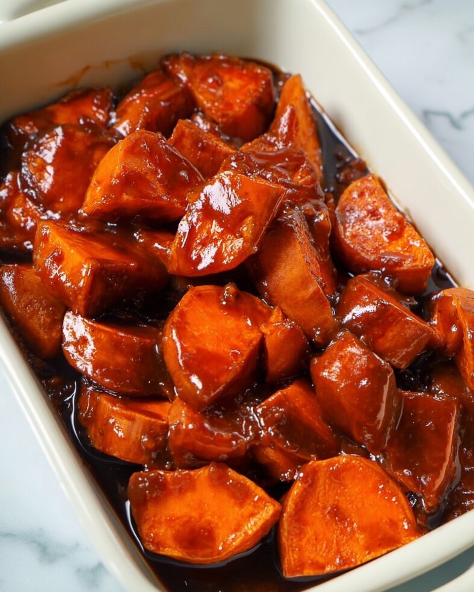 The image shows a white rectangular dish filled with thick slices and chunks of cooked sweet potatoes covered in a shiny, dark caramel sauce. The sweet potato pieces are soft and coated evenly with the glossy sauce that has a rich brown color with hints of amber. The dish is set on a white marbled surface. Photo taken with an iphone --ar 4:5 --v 7