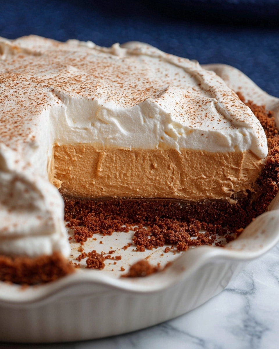 A close-up of a pie with three layers: the bottom layer is a dark brown crumbly crust, the middle layer is a thick, smooth light brown filling, and the top layer is a thick white whipped cream dusted with a light brown powder. The pie is in a white dish with wavy edges, and some crumbs are scattered inside the dish. The background is a white marbled texture. photo taken with an iphone --ar 4:5 --v 7