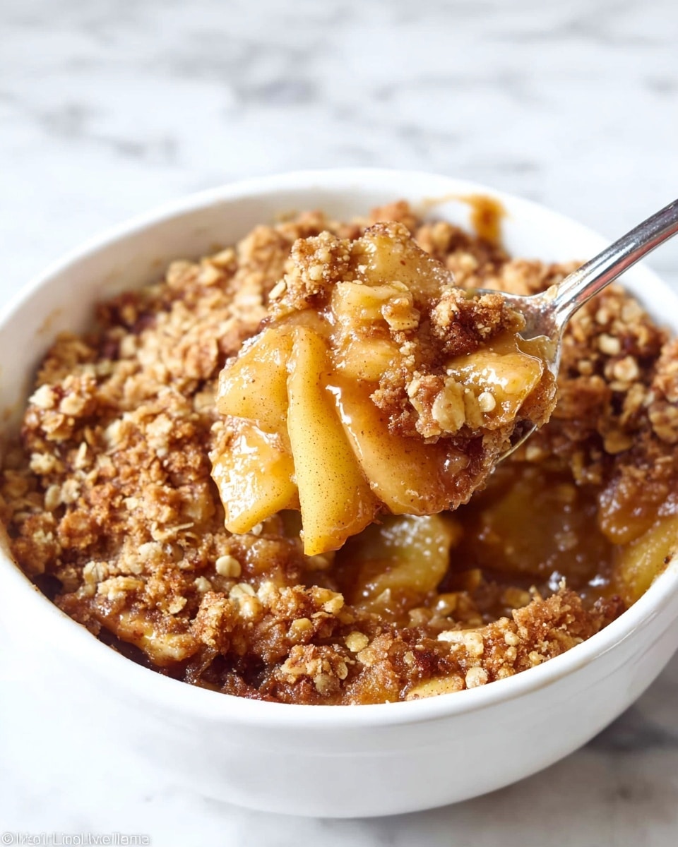 A white bowl holds a warm apple crumble with two visible layers: the bottom layer is made of soft, caramel-colored cooked apple slices soaked in a syrupy sauce, and the top layer is a thick, golden-brown crumble made of oats and nuts with a crunchy texture. A spoon is digging into the dish, lifting a mix of the syrupy apples and crumb topping. The background is a white marbled surface. Photo taken with an iphone --ar 4:5 --v 7