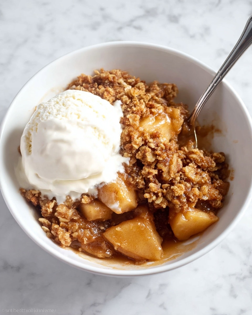 A white bowl filled with warm apple crumble dessert, showing chunky, soft apple pieces coated in a golden brown cinnamon sauce at the bottom layer. On top, there is a thick, crumbly oat topping with a rough texture and a toasted brown color. A large scoop of melting white vanilla ice cream sits on one side, slowly softening and mingling with the warm crumble beneath. A silver spoon rests inside the bowl, all set on a white marbled surface. Photo taken with an iphone --ar 4:5 --v 7