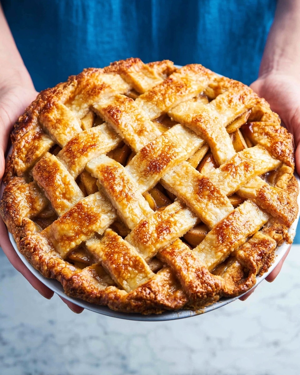 A golden-brown lattice apple pie held by two hands is shown against a blue shirt background. The pie has a thick, flaky crust made of woven strips that create a checkered top layer with a slightly shiny, glazed finish. The pie’s edges are crimped and browned warmly, with a glimpse of the apple filling visible through the lattice. The pie sits on a flat round white plate, and the whole scene rests on a white marbled surface. Photo taken with an iphone --ar 4:5 --v 7