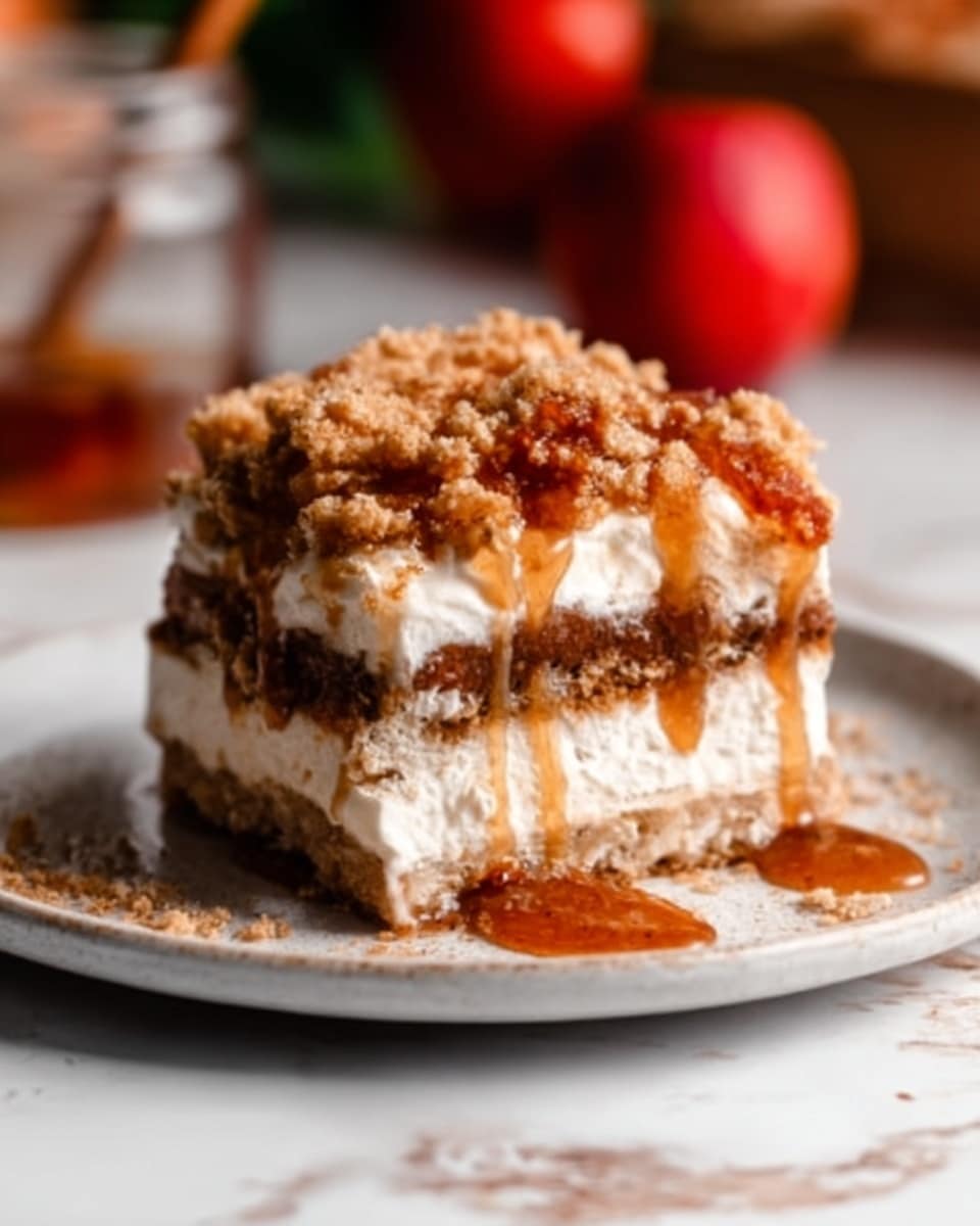 A white plate on a white marbled surface holds a multi-layered dessert piece with several layers. The base layer is light brown and crumbly. On top of this is a thick creamy white layer. Above the cream is a darker brown layer with a soft texture, followed by another white creamy layer. The dessert is topped with a golden-brown crumble and drizzled with sticky syrup that drips down the sides. In the background, there is a blurred red fruit and a glass jar. Photo taken with an iphone --ar 4:5 --v 7