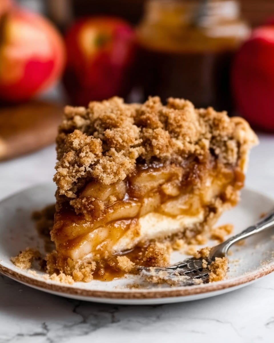 A close-up of a thick slice of apple pie on a white plate with a silver fork beside it. The pie has three visible layers: a golden-brown crumb topping with a rough texture, a middle layer of soft, cooked apple slices mixed with a cinnamon-brown sauce, and a bottom layer of light, flaky crust. The pie slice has some crumbs scattered around on the plate. In the blurry background, there are red apples and a jar of sauce on a white marbled surface. Photo taken with an iphone --ar 4:5 --v 7