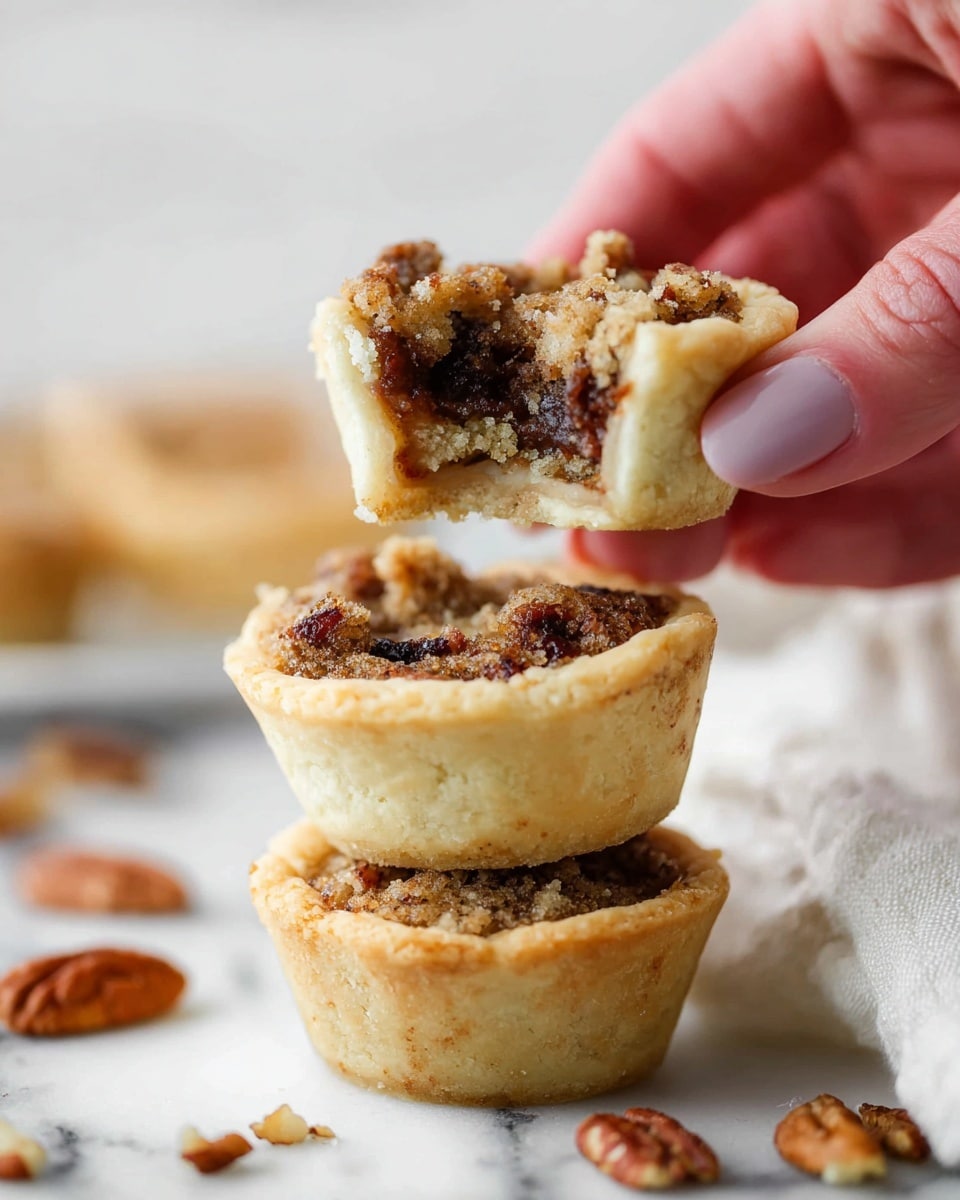The image shows two small round pies stacked, each with a light golden crust on the bottom and sides and a thick, crumbly brown topping filled with visible bits of nuts and dark pieces. A woman's hand is holding a third pie that has a bite taken out of it, revealing the same layered crust and nutty filling inside. The pies are placed on a white marbled surface with scattered pecan pieces and a white cloth nearby. The lighting highlights the texture of the crumbly topping and flaky crust. photo taken with an iphone --ar 4:5 --v 7