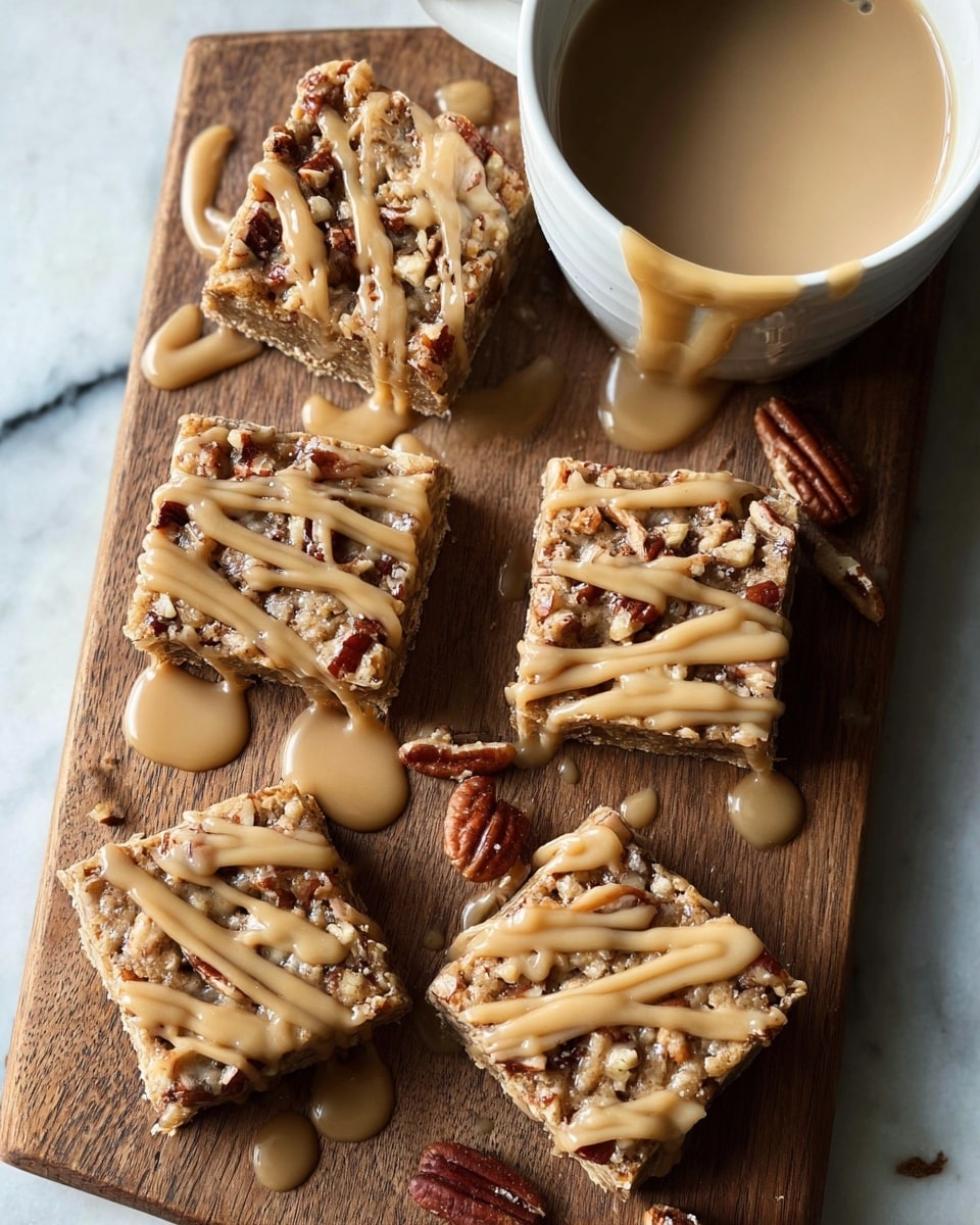 Five square pieces of a nutty dessert bar are placed on a wooden board, each bar showing a top layer filled with chopped pecans embedded in a light brown base. A smooth, creamy caramel-colored sauce is drizzled generously in wavy lines over each piece, with some sauce spilling onto the board. In the top right corner, a white cup with a creamy drink overflows slightly, with the drink dripping down the cup’s side. The background is a white marbled surface. photo taken with an iphone --ar 4:5 --v 7