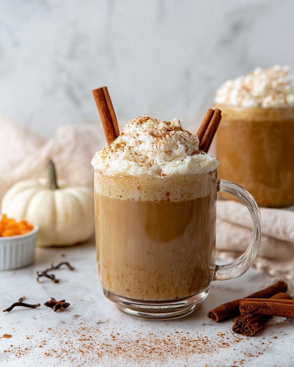The image shows a clear glass mug filled with a light brown, creamy pumpkin spice latte, with a layer of whipped cream on top that is sprinkled with cinnamon powder. Two cinnamon sticks are placed upright in the whipped cream. The mug is on a white marbled surface with scattered cinnamon powder and whole cloves around it. In the background, there is a small white pumpkin and a small white bowl with orange bits inside. A soft cloth is partly visible near the mug. Another similar glass mug with the same latte is blurred in the background. Photo taken with an iphone --ar 4:5 --v 7