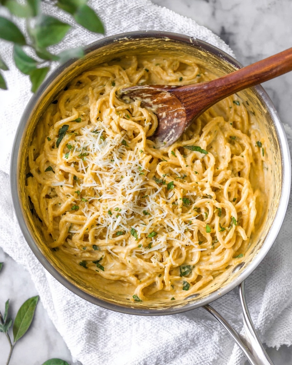 Inside a silver pot, there is one layer of creamy yellow pasta coated in a thick sauce. The pasta strands are long and twisted, mixed evenly with small green herb pieces scattered throughout. On top, there is shredded white cheese sprinkled lightly over the pasta. A wooden spoon is resting inside the pot, partially covered with the pasta mixture. The pot is set on a white textured cloth on a white marbled surface, with a few green leaves around. Photo taken with an iphone --ar 4:5 --v 7