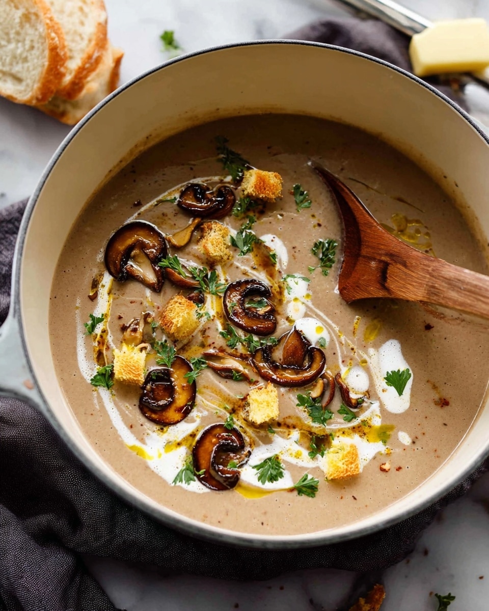 A bowl of creamy mushroom soup with a smooth light brown base fills the white bowl. On top, there are thinly sliced dark brown cooked mushrooms scattered evenly. Small golden brown crispy croutons dot the surface alongside bright green fresh parsley leaves for color. Swirls of white cream add a decorative touch, mixed with a light drizzle of golden olive oil. A wooden spoon rests inside the bowl, partially submerged in the soup. The bowl is placed on a dark cloth over a white marbled surface with a blurred slice of buttered bread and a butter knife in the background. photo taken with an iphone --ar 4:5 --v 7