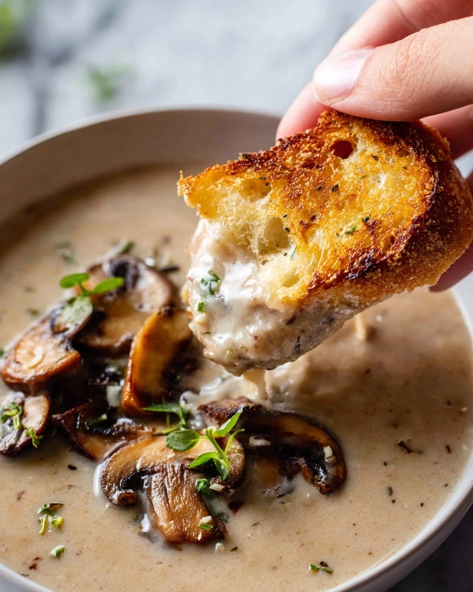 A woman's hand is holding a piece of torn toasted bread that is soft and fluffy inside with a golden-brown crust. The bread is dipped into creamy, light brown mushroom soup that has a smooth, thick texture. Floating on the soup are thin slices of cooked mushrooms with dark edges and small green herb leaves for garnish. The soup is served in a white bowl on a white marbled surface. Photo taken with an iphone --ar 4:5 --v 7