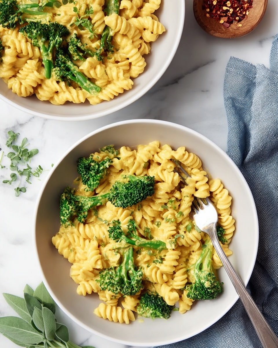 A silver pan filled with spiraled rotini pasta covered in creamy yellow cheese sauce, thickly layered and evenly distributed throughout the pasta. A wooden spoon lifts a portion of the cheesy pasta from the center of the pan, showing a smooth, rich texture. The pan sits on a light blue cloth on a white marbled surface. In the top corner, a white plate holds bright green broccoli florets, balancing the yellow tones of the pasta dish. A lemon wedge is partially visible on the left side near the pan's handle. Photo taken with an iphone --ar 4:5 --v 7