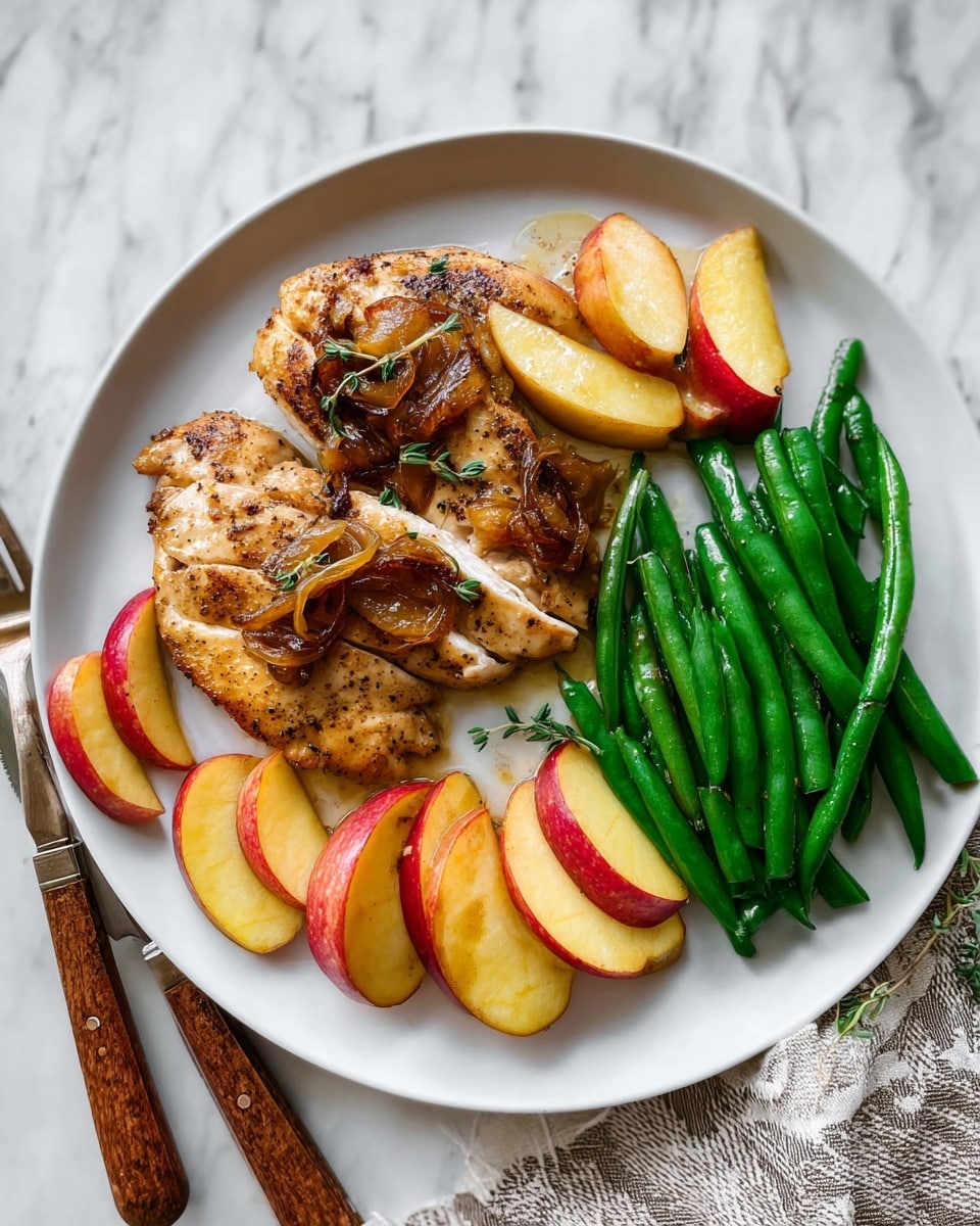 The dish shows a white round plate with three main parts: on the left, there is a piece of cooked chicken with a golden brown color and some caramelized onions on top, and in front of it, slices of the same chicken. Below and around the chicken are cooked apple slices in a warm yellow and red hue, some of them on top of the chicken too. On the right side of the plate, there is a bunch of bright green cooked green beans stacked neatly. The plate is placed on a white marbled surface, and near the bottom left of the plate is a fork with a wooden handle, and a knife with a matching wooden handle rests on the surface. photo taken with an iphone --ar 4:5 --v 7