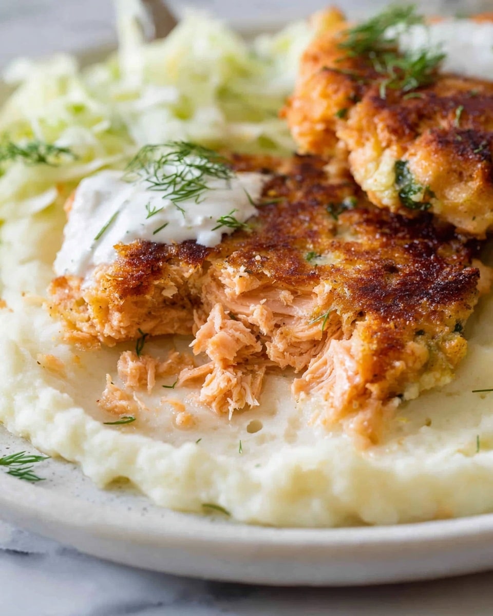 The image shows a close-up of a white plate with a layer of creamy, smooth mashed potatoes spread across the bottom. On top, there are two golden-brown, crispy patties made from shredded salmon, each showing a rough texture with visible green herbs mixed inside. One patty is partially broken, revealing the soft, flaky inside. A small dollop of white sauce sits on the top patty, and some fresh green dill sprigs garnish the plate. The edge of some shredded pale green vegetables can be seen in the background, all set on a white marbled surface. photo taken with an iphone --ar 4:5 --v 7