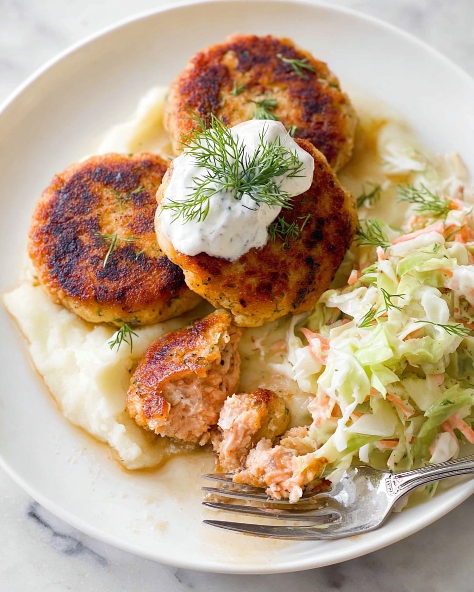 The image shows a white plate with three golden brown fish cakes arranged in the center, with one fish cake on top of the other two. On top of the top fish cake, there is a dollop of white sauce and a small sprig of green dill. One fish cake is broken open, showing a flaky pink interior, and a silver fork with a bite-sized piece is on the plate. Underneath the fish cakes is a layer of creamy white mashed potatoes. On the right side of the plate, there is a pile of shredded coleslaw with light green, white, and orange colors. The plate sits on a white marbled surface. photo taken with an iphone --ar 4:5 --v 7