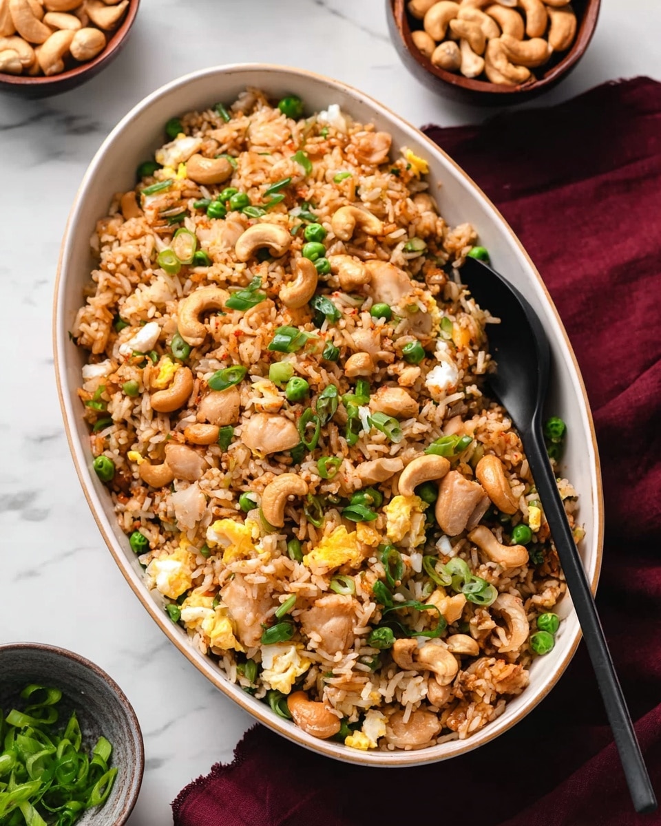 A large white oval bowl filled with fried rice featuring several layers of ingredients. The base layer is light brown fried rice mixed with small bits of scrambled egg, giving a soft yellow touch. Scattered throughout are chunks of light tan cooked chicken pieces and bright green peas adding pops of color. On top, a generous mix of whole golden brown cashews and chopped green onions are spread evenly, with a black spoon resting inside the bowl. The bowl is placed on a white marbled surface with small bowls of cashews and green onions in the background, along with a burgundy cloth nearby. Photo taken with an iphone --ar 4:5 --v 7