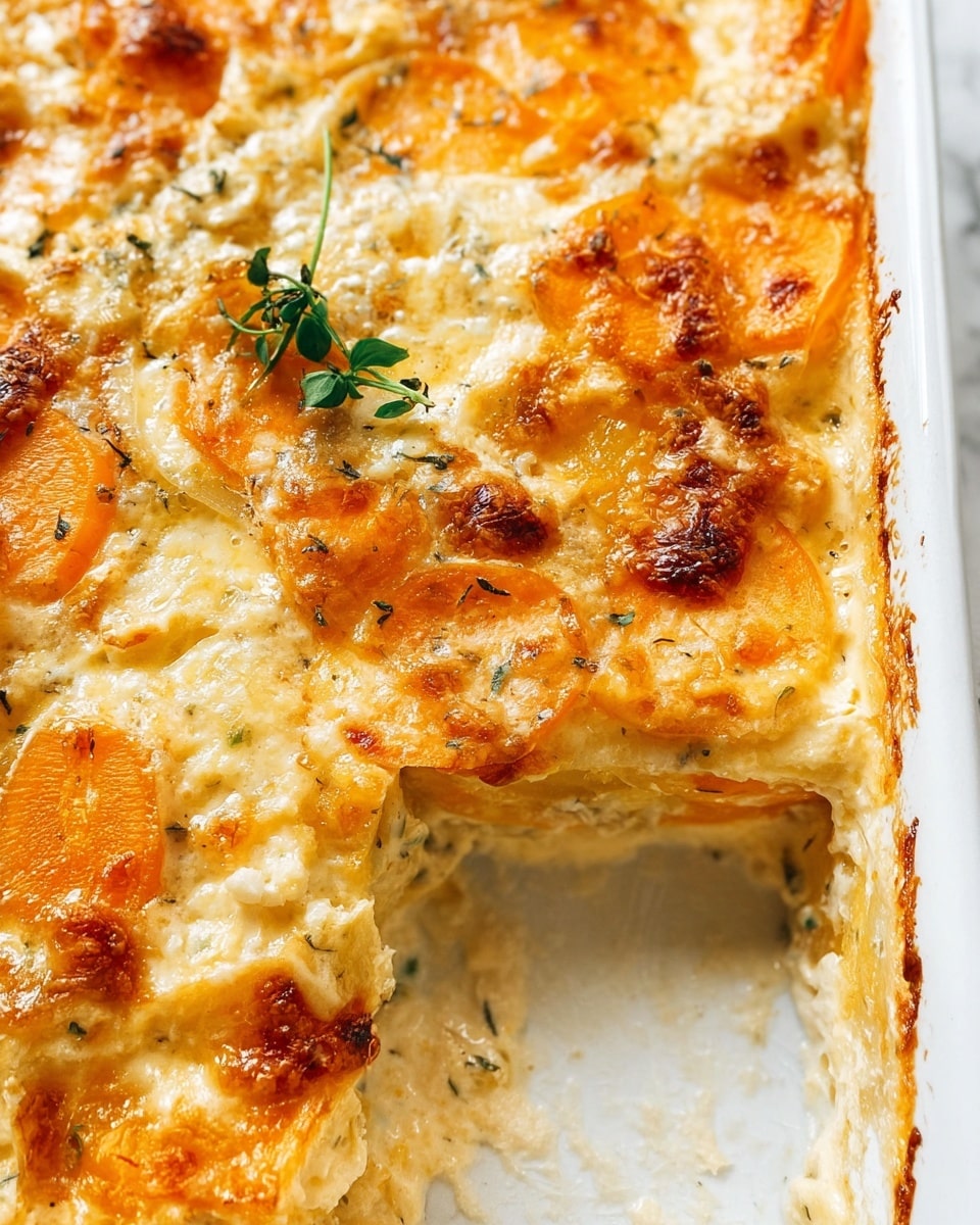 This image shows a close-up of a baked dish with multiple layers. The top layer is covered with melted golden cheese that is browned in some places, creating a bubbly and slightly crisp texture. Below the cheese, there are thin, soft slices of orange vegetable arranged in overlapping layers. The layers beneath include a creamy, white sauce mixed with small bits of herbs, keeping the dish moist. Part of the dish has been taken out, leaving an empty space that shows the smooth, creamy texture of the sauce and the tender vegetable slices inside the white baking dish. A small sprig of green herb rests on top of the cheese, adding a touch of color. The dish sits on a white marbled surface. Photo taken with an iphone --ar 4:5 --v 7