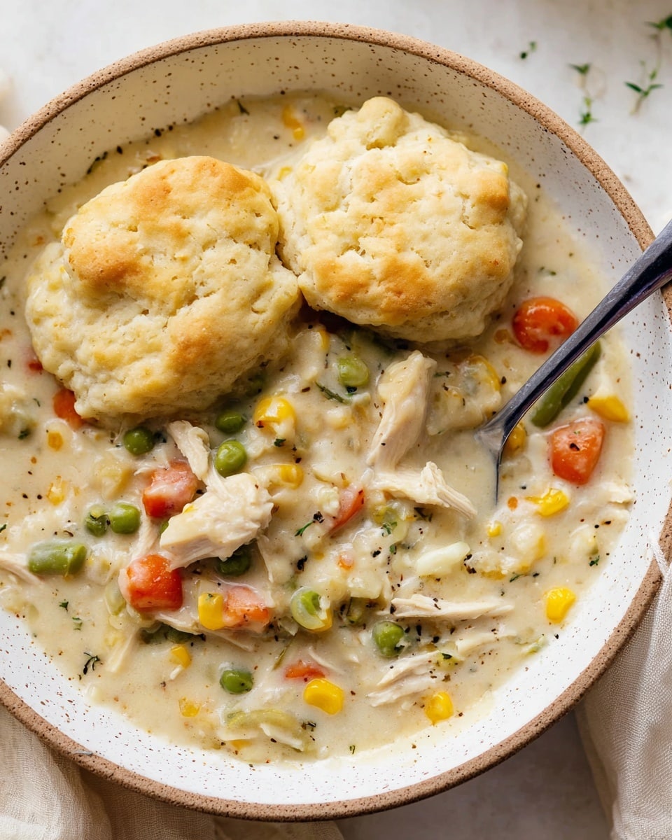 A white speckled bowl filled with a creamy stew that has visible pieces of white chicken, bright green peas, small orange carrot cubes, yellow corn, and green beans, all mixed evenly in a thick light sauce. On top, there are two large, pale golden fluffy biscuits with a soft and slightly bumpy texture, sitting close to each other. The bowl rests on a white marbled surface with a spoon partially submerged in the stew. Photo taken with an iphone --ar 4:5 --v 7