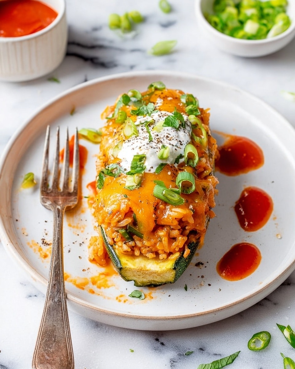 The image shows six zucchini boats placed side by side in a white baking dish with some baked sauce around the edges. Each zucchini is cut lengthwise and has a green outer skin with a hollowed-out center filled with a mixed texture of cooked chicken and tomato sauce. The filling is topped with melted, golden-brown cheese that bubbles and covers the surface, with bright green slices of scallions and small bits of cilantro scattered on top. The dish rests on a white marbled surface, and the colors are warm with reds, greens, and yellows blending nicely. photo taken with an iphone --ar 4:5 --v 7