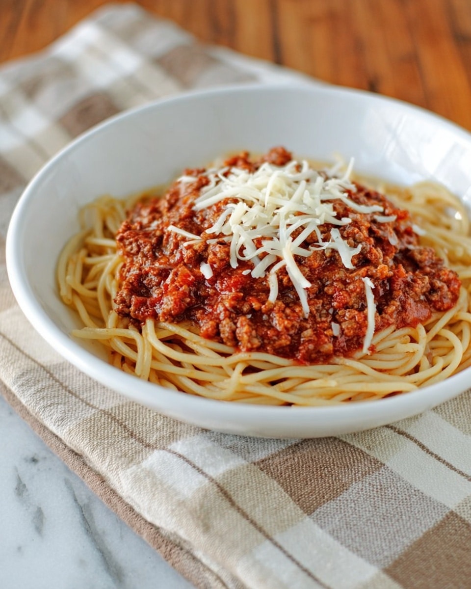 A white bowl filled with a base layer of light golden spaghetti noodles, topped with a thick layer of dark red meat sauce with visible chunks of tomato and ground meat. On top, there is a small pile of thin, white shredded cheese scattered lightly. The bowl is placed on a beige and white plaid cloth on a white marbled surface. photo taken with an iphone --ar 4:5 --v 7