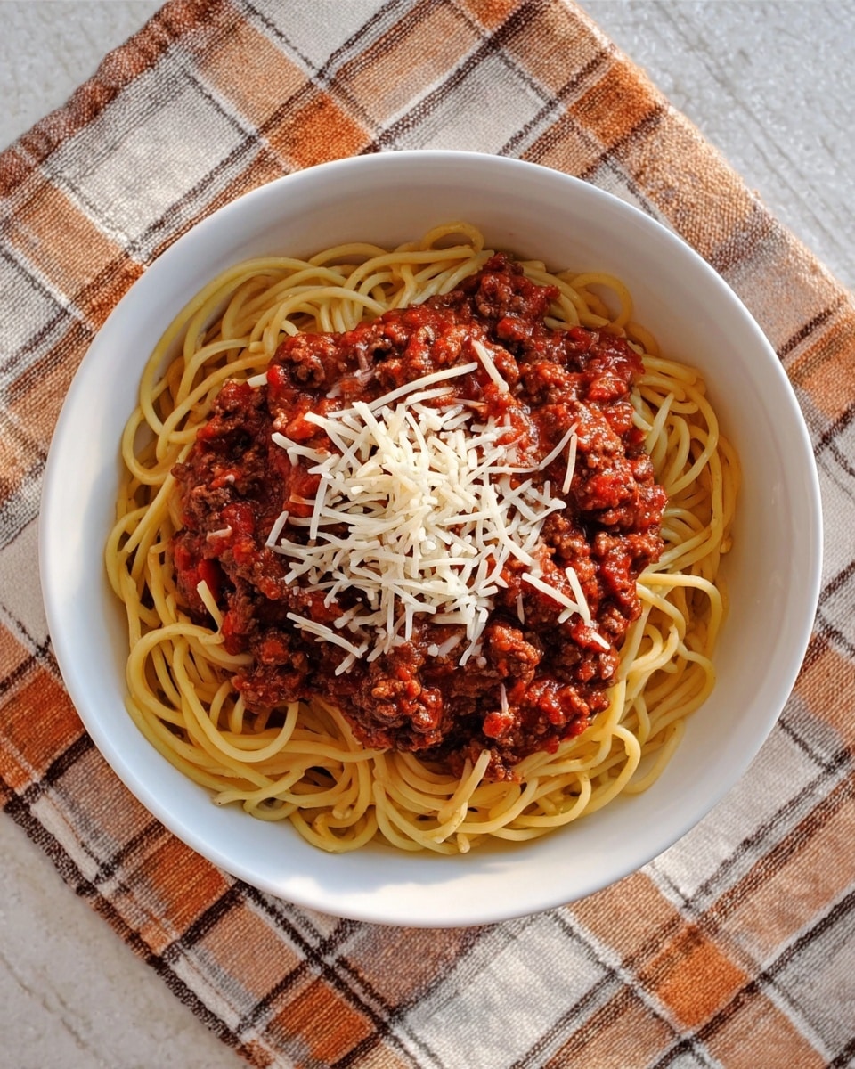 A white bowl filled with a base layer of long, yellow spaghetti noodles topped with a thick, chunky dark red meat sauce mixed with visible pieces of ground meat and tomato bits. On top of the sauce is a light scattering of shredded white cheese. The bowl is placed on a cloth with beige, tan, and orange plaid patterns, all set on a white marbled texture surface. photo taken with an iphone --ar 4:5 --v 7