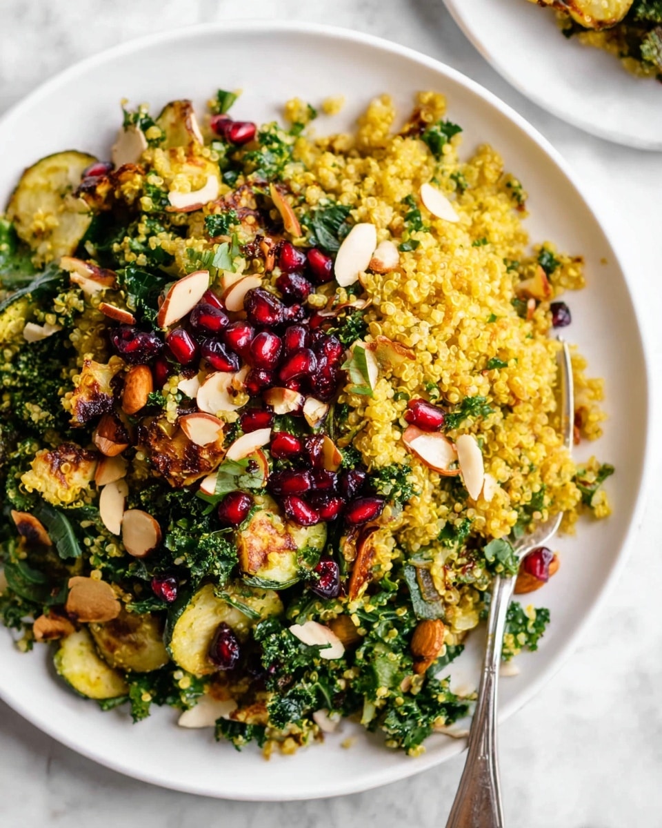 A white plate holds a colorful quinoa salad with three main layers: the bottom layer is bright yellow quinoa mixed with green kale leaves, the middle layer includes slices of light green roasted vegetables, and the top layer is decorated with shiny red pomegranate seeds and scattered small almond flakes. The textures range from the soft quinoa and tender vegetables to the crunchy nuts. There is a silver fork resting on the right side of the plate, slightly touching the salad. The whole arrangement sits on a white marbled surface. Photo taken with an iphone --ar 4:5 --v 7