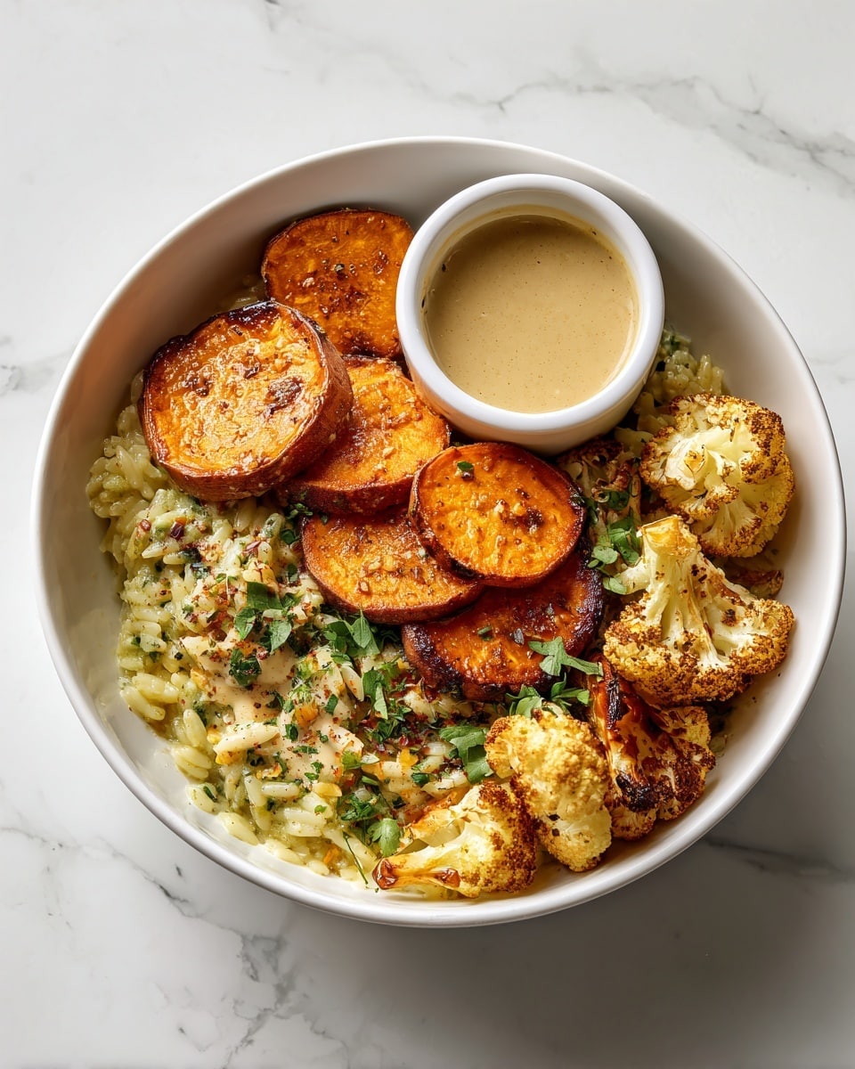 A white bowl on a white marbled surface holds a dish with three main layers: at the bottom is a creamy orzo pasta mixed with green herbs, giving a light yellow and green texture; on top of the orzo are several thick, round slices of roasted sweet potato that are bright orange with a slightly crispy, browned edge; scattered around and under the sweet potatoes are lightly browned roasted cauliflower florets with golden, crispy spots; a few green herb sprigs are placed on top; on one side inside the bowl is a small round white ramekin filled with a light beige, smooth sauce. photo taken with an iphone --ar 4:5 --v 7