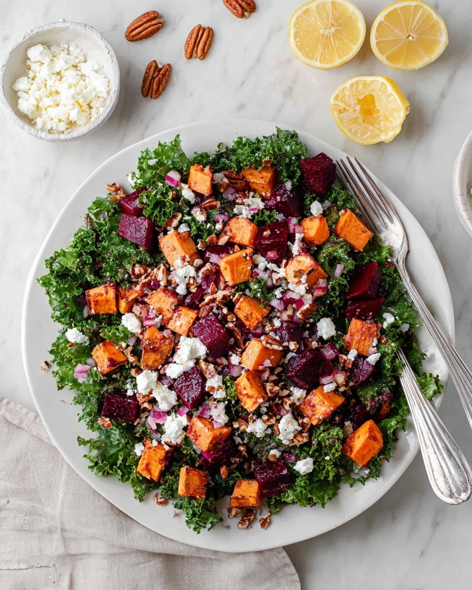A white plate holds a colorful salad with three main layers. The bottom layer is fresh green kale leaves, curly and textured, spread all over the plate. On top, there are orange sweet potato cubes and deep purple beet pieces scattered evenly. The top layer is sprinkled with small white crumbles of cheese and chopped brown pecans, adding more texture and colors. Two silver forks are placed on the plate’s sides, partially under the salad. Around the plate, there are small white bowls with white cheese and pecans, and two lemon halves sit on a white marbled surface. Photo taken with an iphone --ar 4:5 --v 7